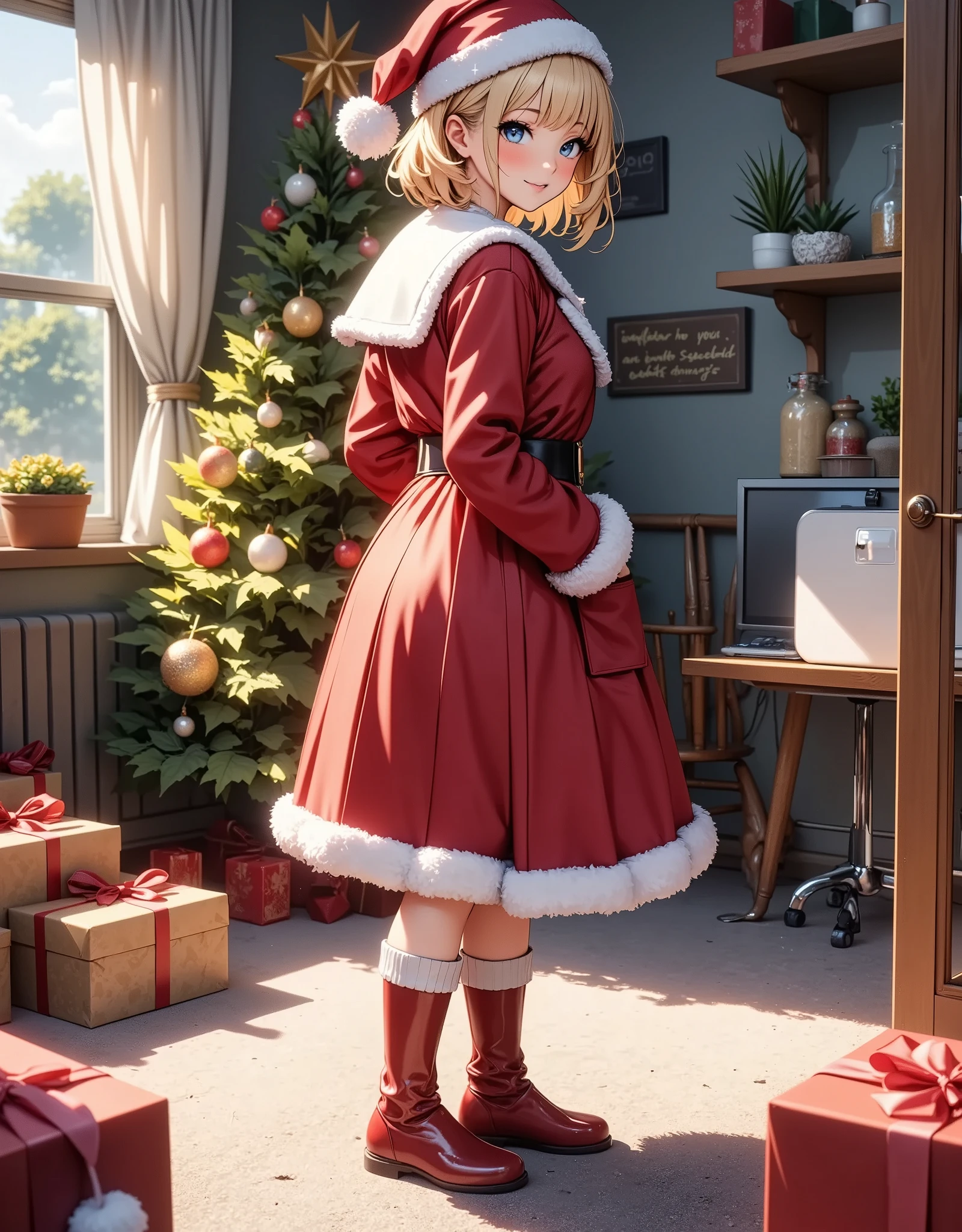 Girls Anniversary, 1 girl,  girl, girl in Santa costume, home party:1.2, presents, amazing, highly detailed, light and shadow, background blur, (Best Quality:1.2, 4K, 8k, very detailed, highly detailed, masterpiece:1.2, best aesthetics),