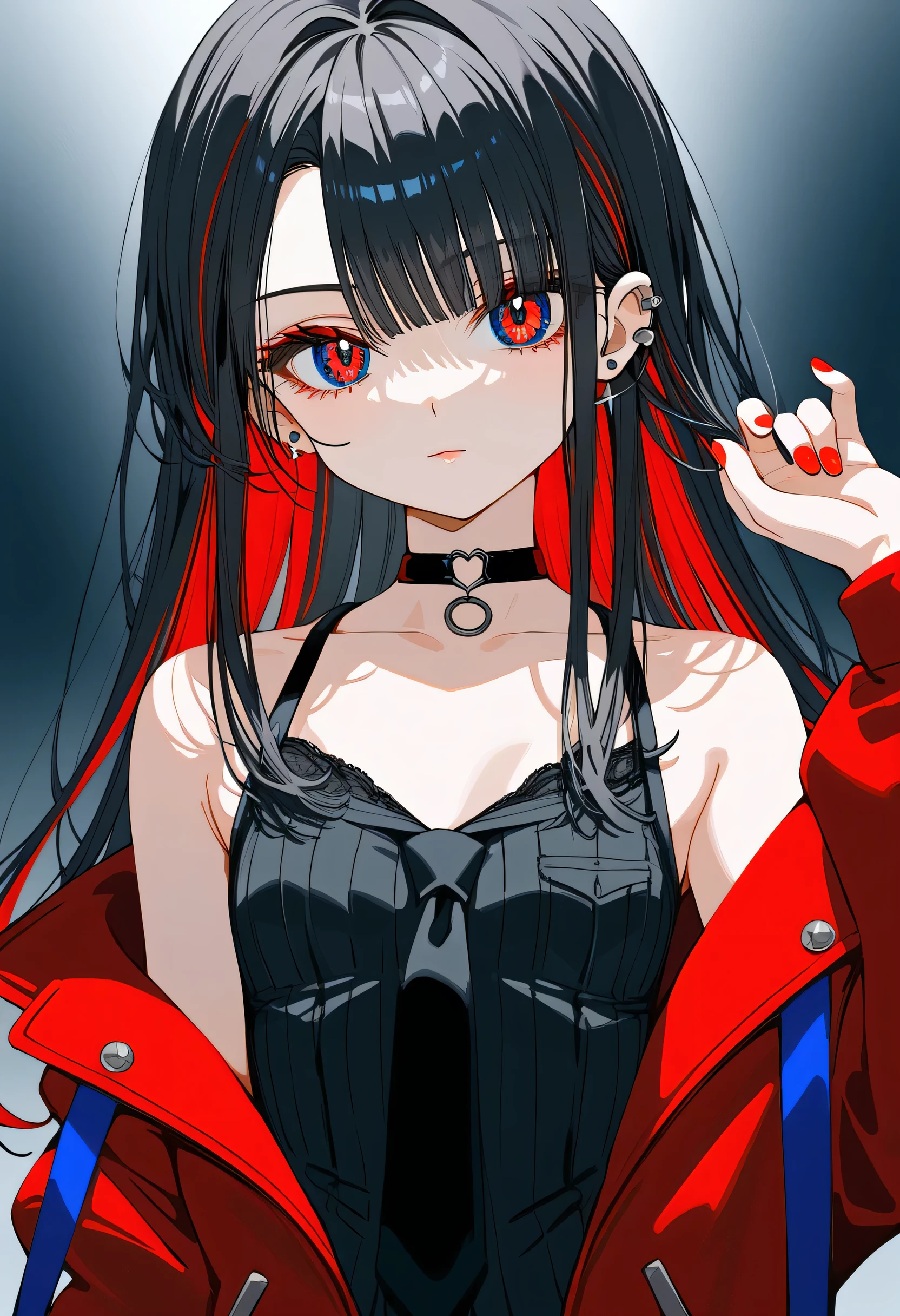High resolution 8K,high definition,masterpiece,beautiful,woman,small chest,red eye,Odd Eye ,various colored hair ,looking at the viewer,black hair,blue eye,shirt,black tie,piercing,choker,nail,jacket,upper body,highcolor