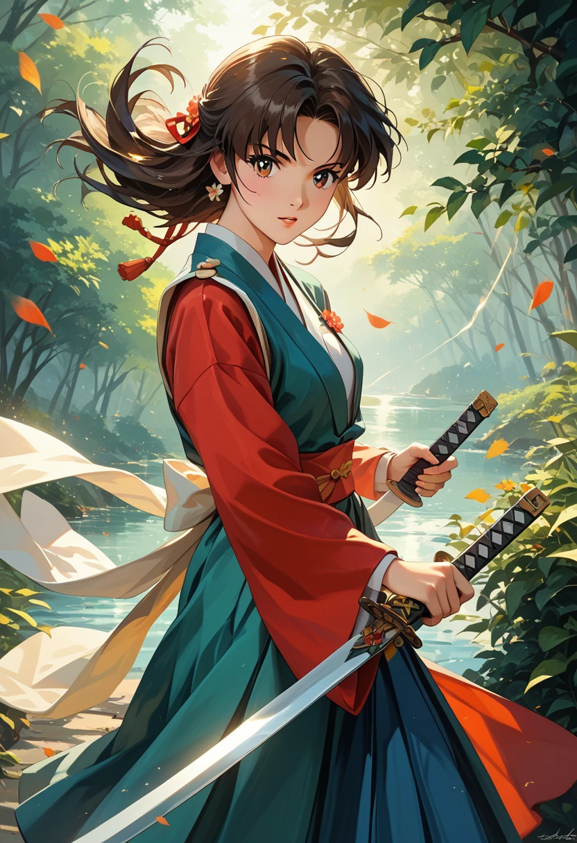  very delicate and beautiful, wonderful,  in fine detail, masterpiece,  super detailed,  high definition , Best Illustration ,  High Quality , intricate details ,  cinematic lighting,  anime style, retro artスタイル, Samurai Sword, Action pose,Miyabi Hoshimi, miyabi