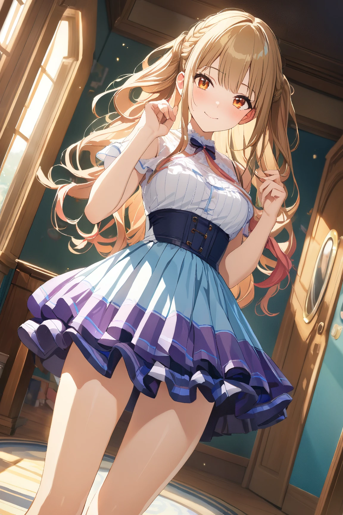 highest quality、All limbs、full finger、Slender beauty、straight hair、brown hair、Dereste、pink, 白とpinkのアイドル衣装、high socks、beautiful big breasts、live stage、sing、dancing、big smile、(white horizontal lace panties:1.1), skirt lift, shirt lift, show off panties、Braga is slightly visible