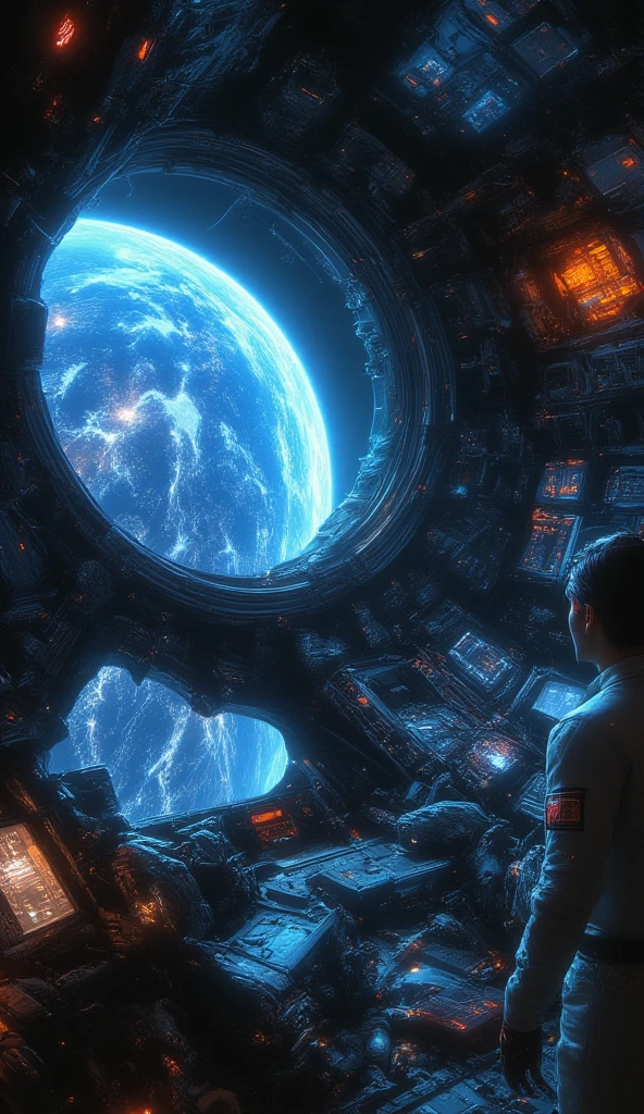 interior of a space station. the space station is dark, with intricate design, devices and wiring on its walls. it has a window that shows the whole earth. an astronaut looks at the window, his back is facing the viewer.