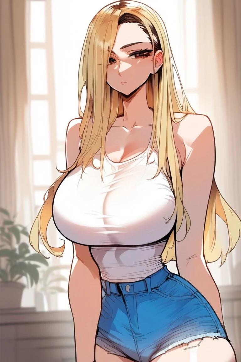 score_9, score_8_up, score_7_up, score_6_up, score_5_up, score_4_up, scenery, 1girl, dress, asian, jia han, brown eyes, blonde hair, multicolored hair, long hair, huge breasts, white tank top, bare shoulders, collarbone, sleeveless, blue denim shorts, standing,large breasts