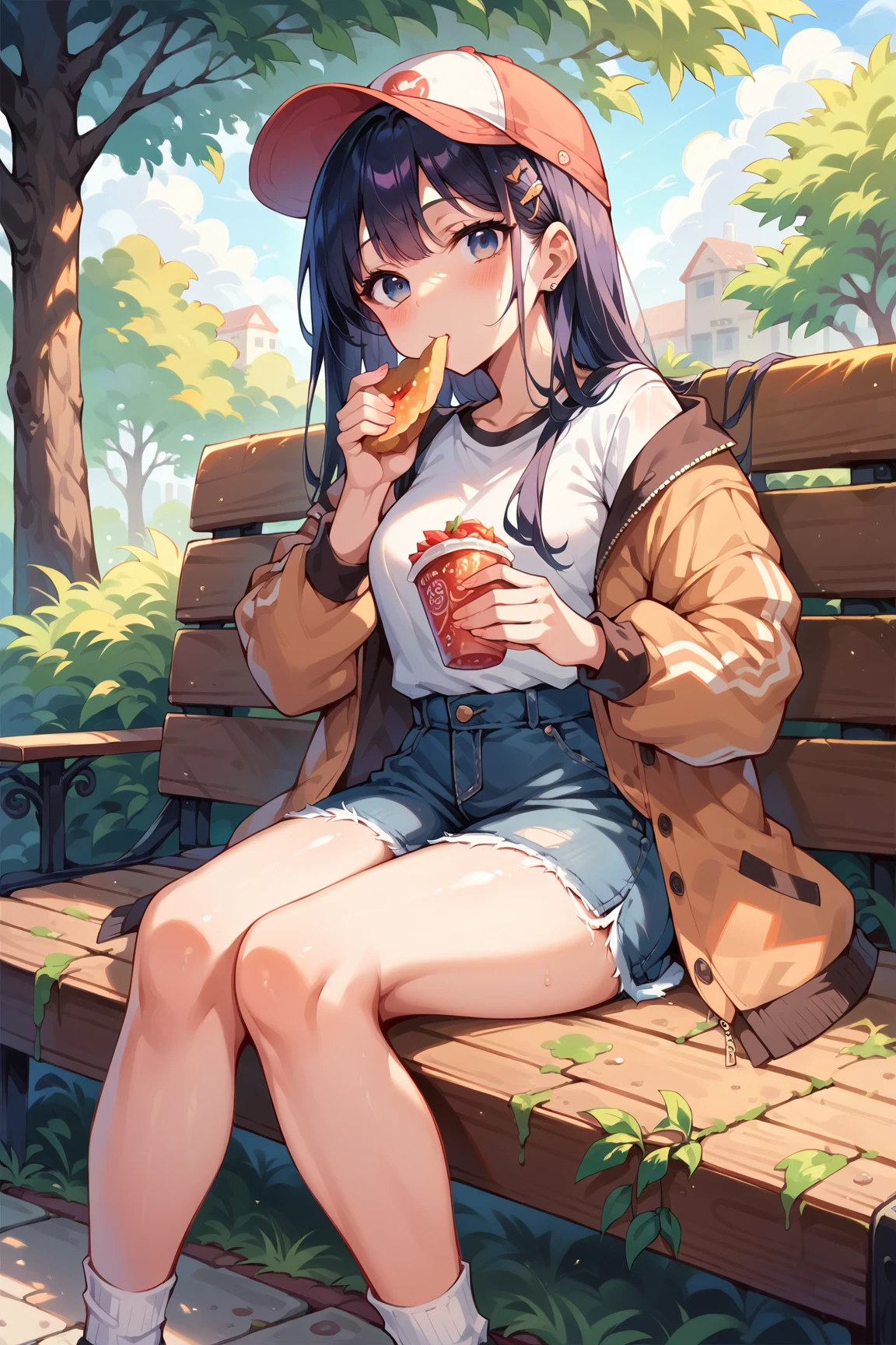 Female student eating lunch while sitting on a bench in the park