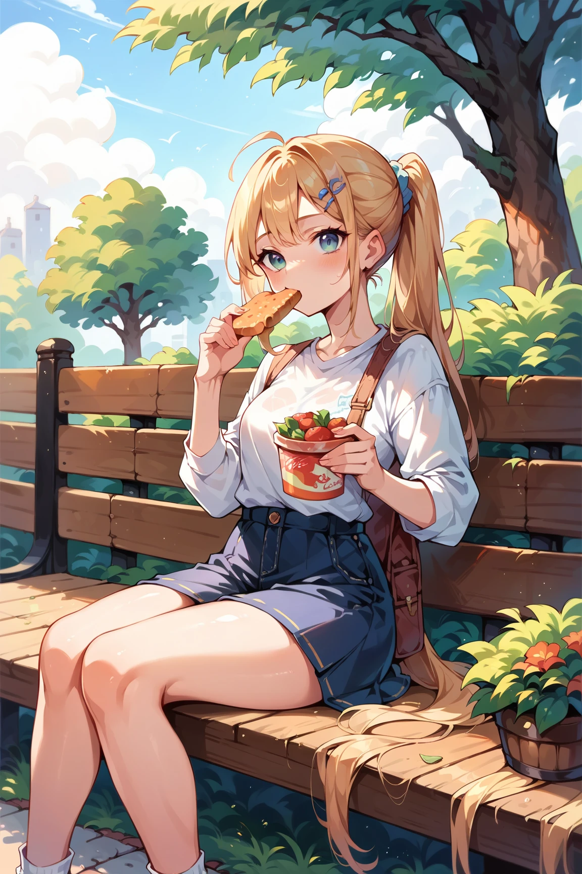 Female student eating lunch while sitting on a bench in the park