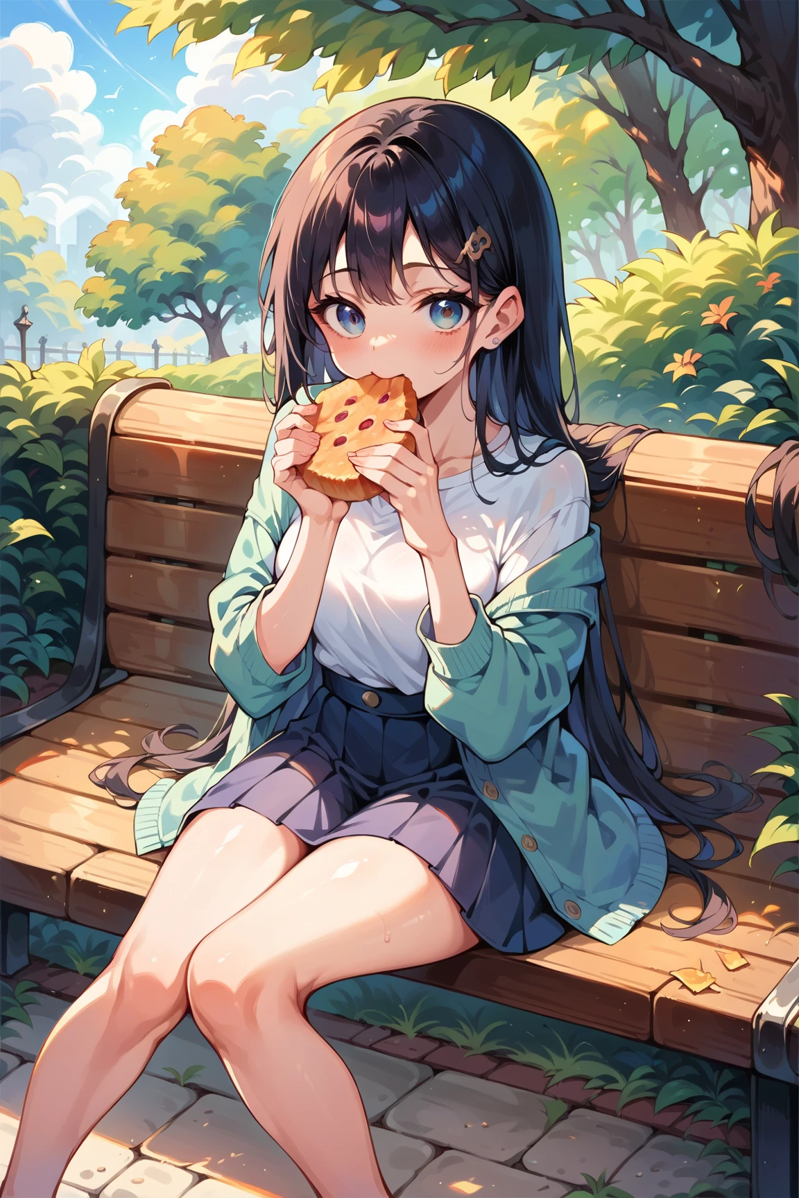 Female student eating lunch while sitting on a bench in the park