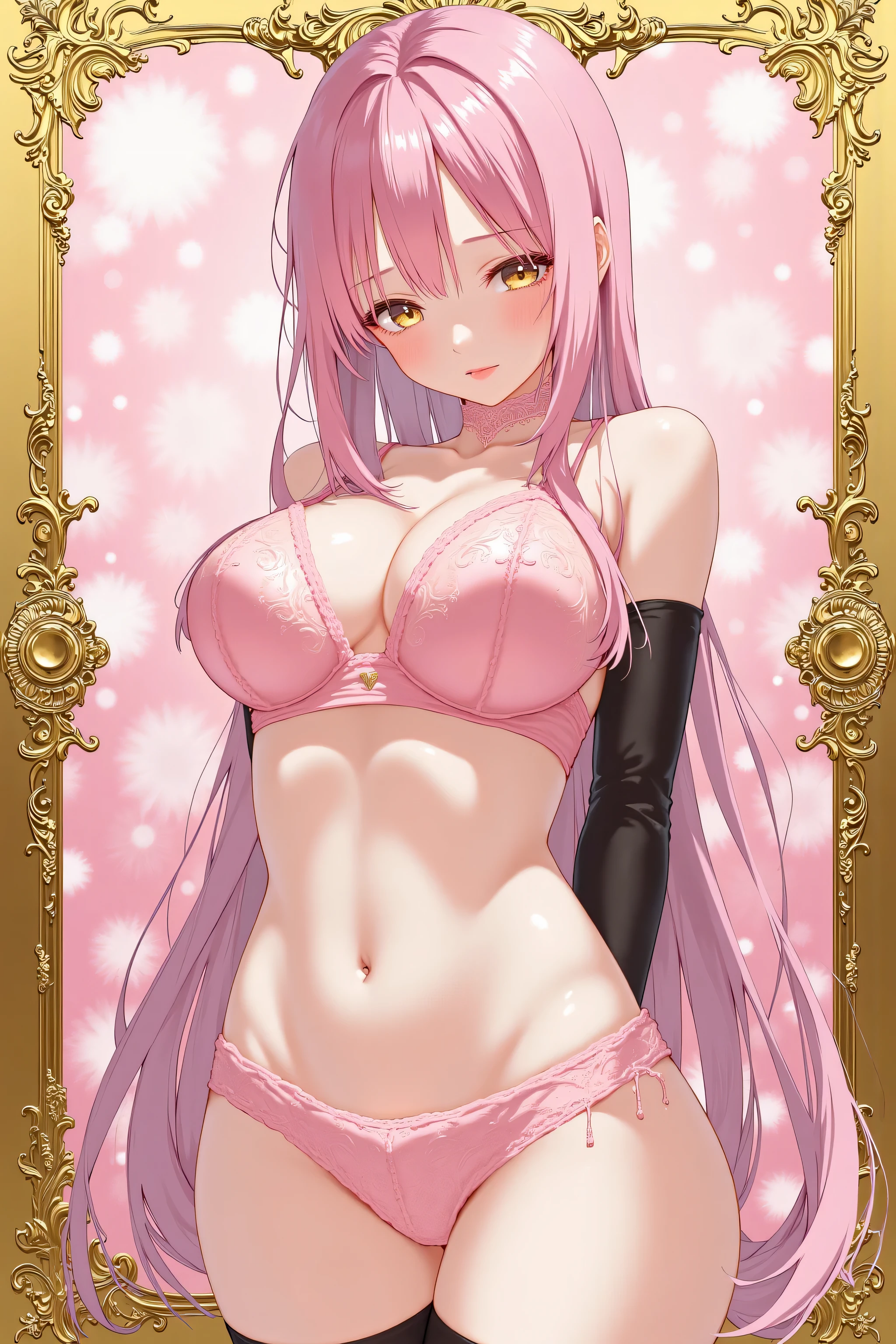 ornate gold border around all four sides, Fantasy art、((masterpiece,best quality anime,Highest quality:1.3)),realistic,portrait,1woman,(Mature Beauty),((very small head:1.4)),((very long body:1.3)),long hair,pink hair,bangs,(gorgeous big eyes),gold eyes, ulzzang, ((slender body:1.3,skinny:1.2)),large breasts,(pink Bra, navel、pink loincloth、Fingerless leather gloves),standing、((arms behind back)), abstract gold and pink background, sexy, submissive, heavy blushing, (shiny skin),
