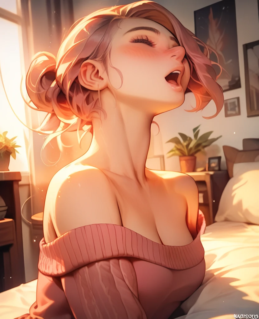 Sexy woman, eyes closed, mouth open, very deep blush, tip of the nose is red, long neck, off shoulder pink sweater, medium chest, visible cleavage, bedroom, warm lighting ,in bed