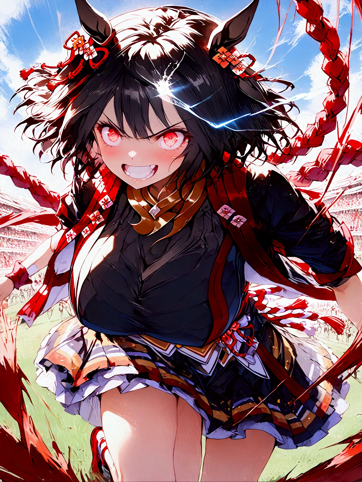 (((  Kitasan Black 1 )))、((( black hair)))、(((White bangs)))、((( short haired )))、((( Black and Red Horse Girl Skirt Costume)))、(((  I own a horse&#39;ear)))、 Horse's Tail、((((( Running Pose)))))、(((((Runaway)))))、(((Raise your knees)))、((( Glowing Eye Trail  )))、(Glare with sharp eyes)、(frown)、(scowl)、( Master Karate )、(Showing teeth)、(((excited)))、(((speed)))、(((blue sky)))、(((Turf)))、(((Racecourse)))、(((A lot of horse girls)))、「  top quality、  Masterpiece  、   Illustration  、  Very Delicate and Beautiful  、 非常に Detailsな、CG、8k wallpaper、 wonderful、  Details、  Masterpiece  、最高の究極の芸術 非常に Detailsな CG Unity 8k wallpaper」、(Big Breasts)、(   Details Delicate Hair   )、(Delicate skin )、(  Detailed and delicate face  )、( Detailsで繊細な手 )、(  Details and Delicate Legs   )、(  Detailsで繊細な衣装)、(Perfect Legs)、(Perfect Arms)、(  perfect face)、( erect nipples )、( Show Cleavage )、(Wind and Lightning )