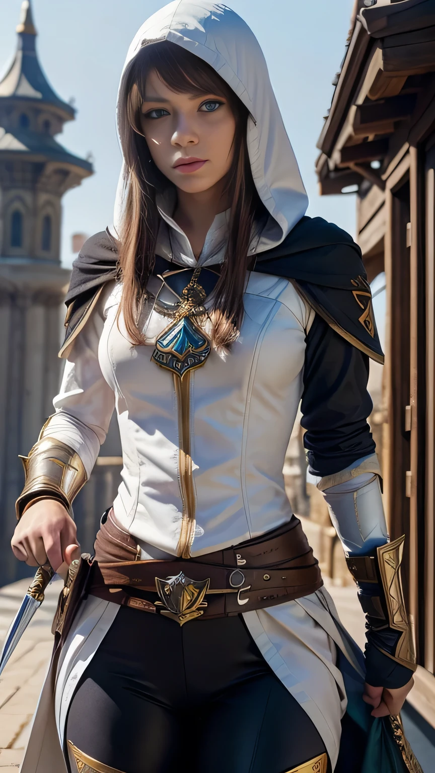 A full-body shot of Princess Zelda, brown hair, blue eyes, dressed as an Assassin from Assassins Creed, in white+gold witha white mask and hood with gold details, XL bust, using a wrist blade. Background: A city during the renaissance period. Unreal Engine 5, Anime, Anime style, Masterpiece, Well drawn eyes, well drawn face, well detailed eyes, well detailed face, 8k, light and shadow effect.