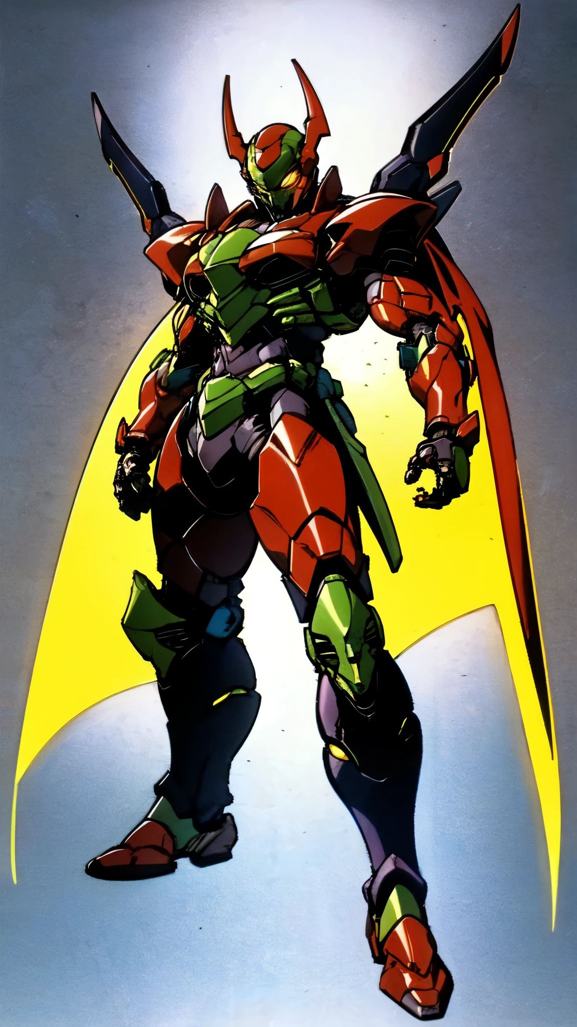 (masterpiece:1.5, best quality:1.5, extremely delicate:1.5), ((male:1.5)), a man wearing a full-face helmet, high-tech biomimetic armored combat suit, (a composite layered chest armor), the design balances heavy with agility, fully enclosed shoulder guards, matching arm and leg guards, a belt of gemstone, (the color scheme is primarily Yellow with Red and Purple accents, Organic Biotech, Concept Inspired by Vampire, glowing eyes, armor glows, huge cloak like devil wings, blood), stand of a futuristic sci-fi city, this character embodies a finely crafted fantasy-style armored hero in anime style, exquisite and mature art style, metallic, high definition, highres, ultra-detailed, ultra-fine painting, professional, perfect body proportions, golden ratio, anatomically correct, symmetrical face, extremely detailed eyes and face, high quality eyes, creativity, RAW photo, UHD, 32k, Natural light, cinematic lighting, (masterpiece-anatomy-perfect:1.2)