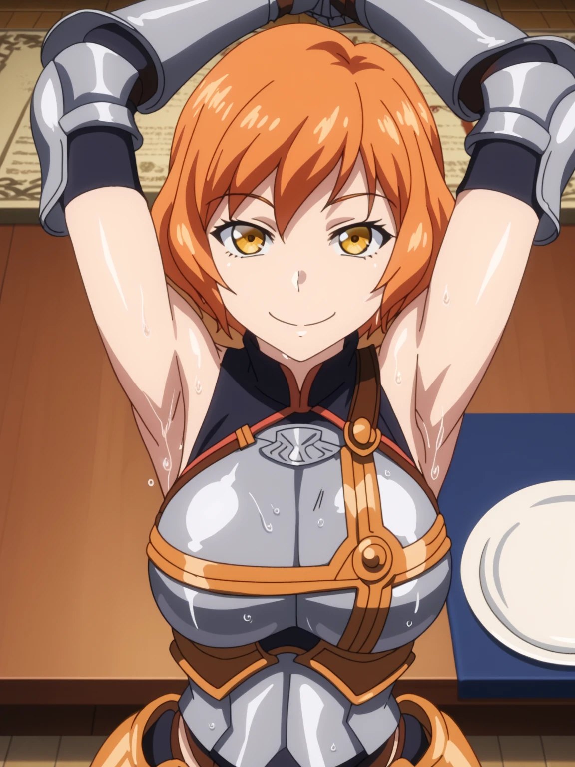 score_9, score_8_up, score_7_up, source_anime, anime screencap, 1girl, solo, clementinr, yellow_eyes, orange_hair, short_hair, large_breasts, armor, breastplate, gauntlets, armored_dress, sleeveless, arms up, raised arms, armpits, looking at viewer, smile, closed mouth, indoors, from above, badhandv4, sweaty armpits