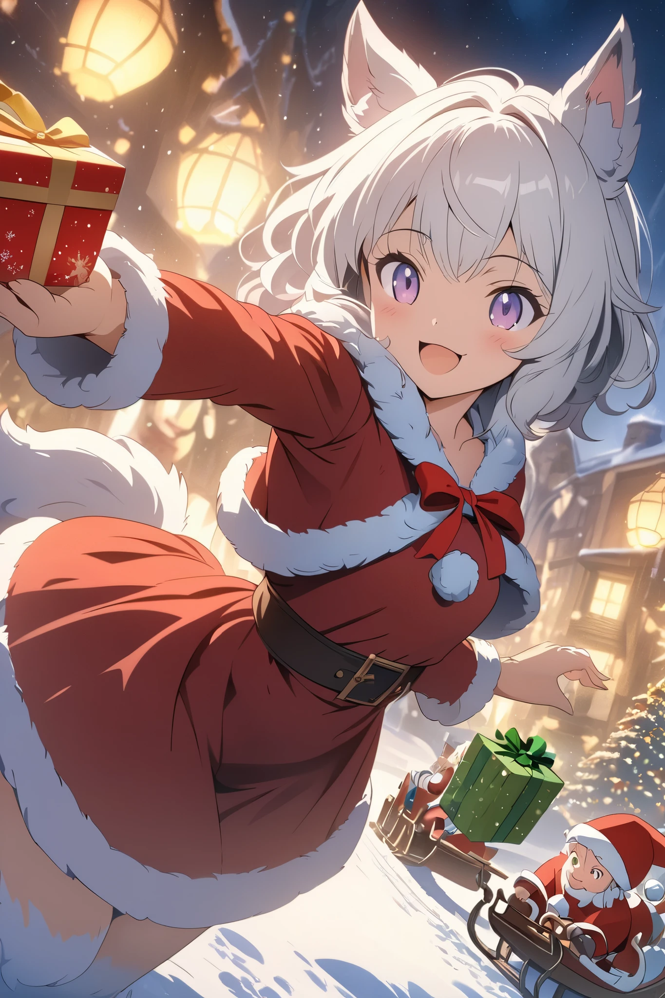 (  Masterpiece  :1.2), ( top quality:1.2),  super high resolution,  very detailed,   perfect lighting  , werewolf girl handing out presents , ,  white hair ,  Santa Claus costume,  red hat , smile, Sled, supernatural fantasy, fluffy tail ,cute,   Digital Animated Art  , anime style illustration , animated illustration, dynamic angle