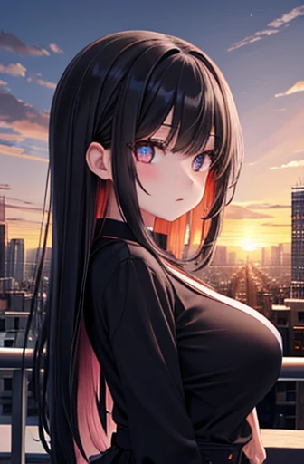 sunsetのベランダから見えるcity, beautiful eyes,   beautiful eyes ,  top quality,  black tights,city, Building ,sunset, look down, 1 girl, detailed face ,  beautiful eyes , black hair long hair, big breasts、
