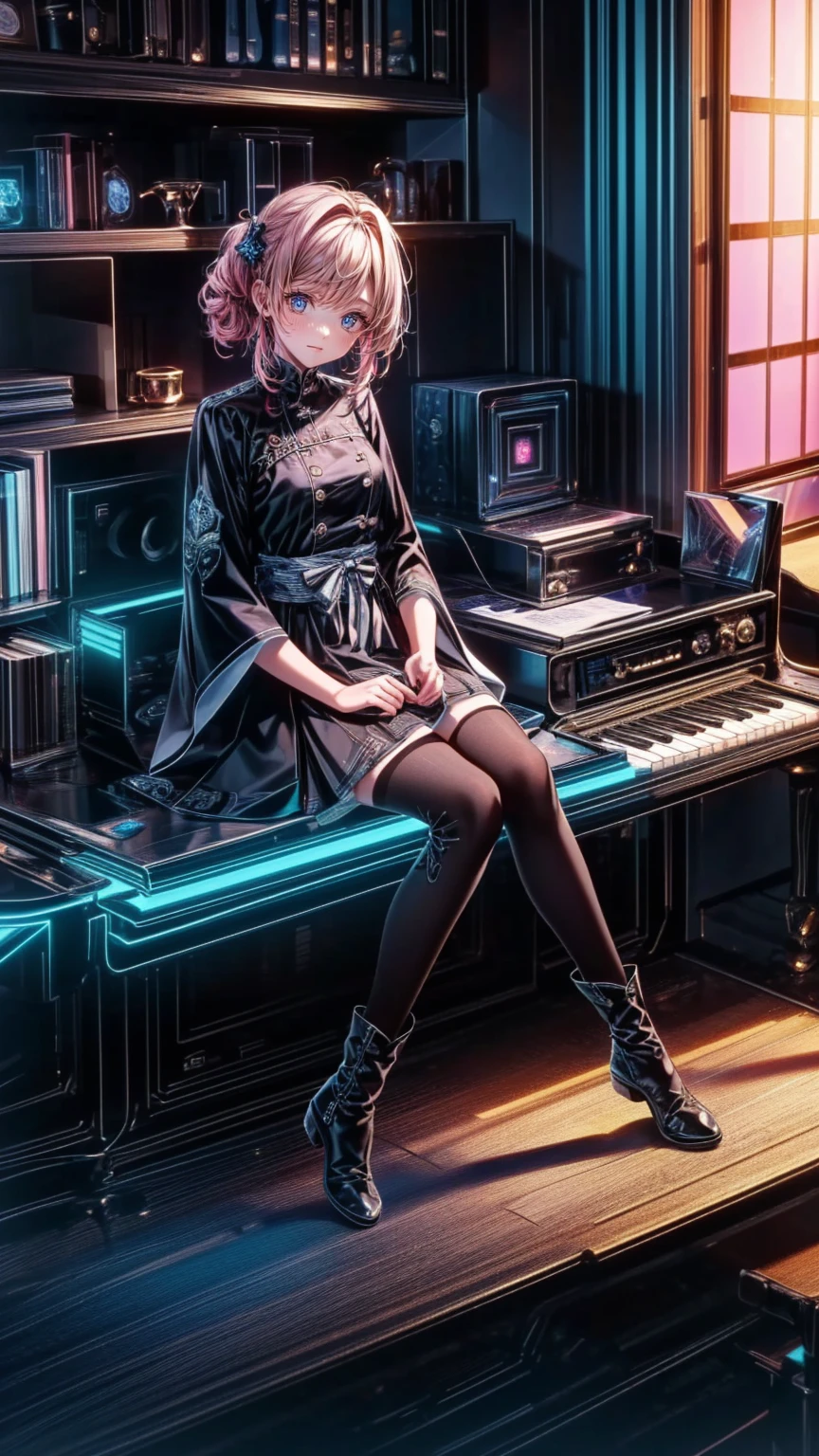 (highest quality), (masterpiece), (super detailed), (eye detail: 1.0), (lens flare: 1.0), (movie poster: 1.0), (tarot border: 1.0), portrait centered, (close-up: 1.0), a girl, solo, ((grey eyes)), (messy short grey hair), medium breasts, (collarbone, groin, narrow waist, slender, thin), (pink lips), grey hair, white dress, simple background, lift dress, black collar, science fiction, black knee-length boots, (spread legs, white panties, bend legs to chest)