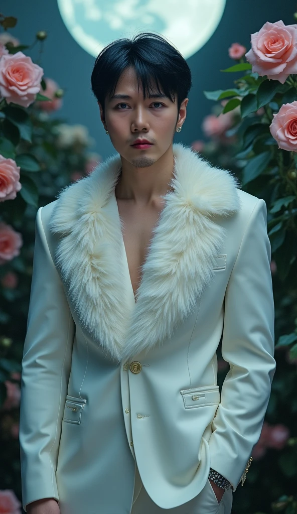 masterpiece, highest quality, (solo focus), (perfect face:1.1), (high detail:1.1), (hyper detailed eyes), dramatic, 1guy, (pale skin), Black hair, ethereal eyes, (light eyebrows), solo, short hair, JTiago Azevedo, moon, night, white luxury suit, pouty lips, fur, proud expression, garden, detailed background, art by artgerm, cinematic lighting, roses, fashion, BalenciagaStyle