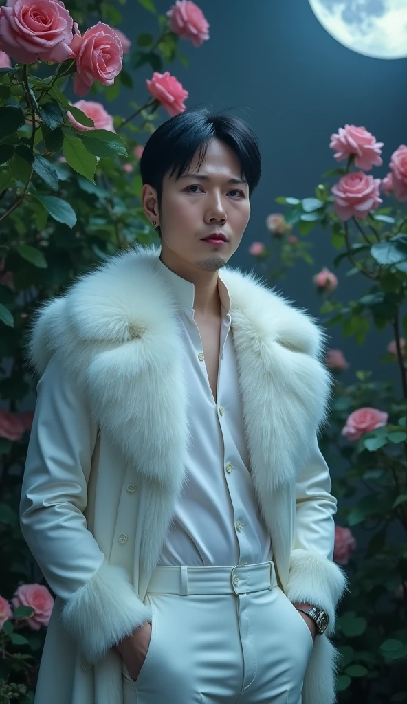 masterpiece, highest quality, (solo focus), (perfect face:1.1), (high detail:1.1), (hyper detailed eyes), dramatic, 1guy, (pale skin), Black hair, ethereal eyes, (light eyebrows), solo, short hair, JTiago Azevedo, moon, night, white luxury suit, pouty lips, fur, proud expression, garden, detailed background, art by artgerm, cinematic lighting, roses, fashion, BalenciagaStyle