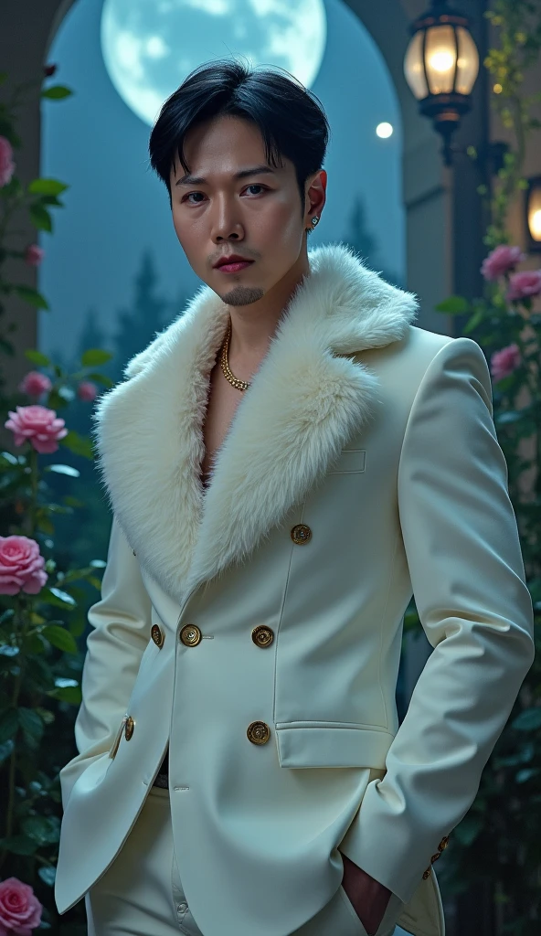 masterpiece, highest quality, (solo focus), (perfect face:1.1), (high detail:1.1), (hyper detailed eyes), dramatic, 1guy, (pale skin), Black hair, ethereal eyes, (light eyebrows), solo, short hair, JTiago Azevedo, moon, night, white luxury suit, pouty lips, fur, proud expression, garden, detailed background, art by artgerm, cinematic lighting, roses, fashion, BalenciagaStyle