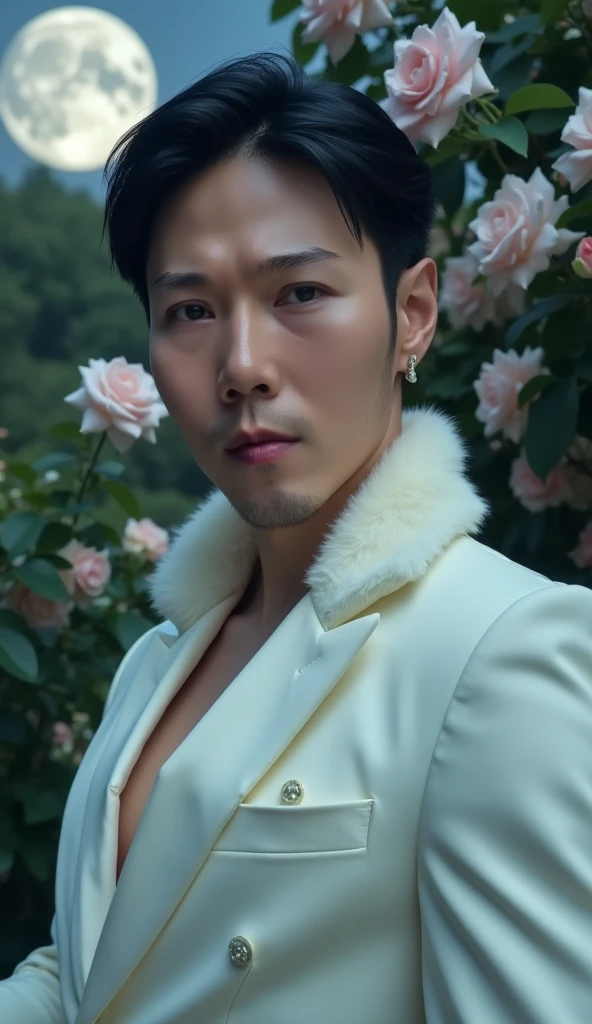 masterpiece, highest quality, (solo focus), (perfect face:1.1), (high detail:1.1), (hyper detailed eyes), dramatic, 1guy, (pale skin), Black hair, ethereal eyes, (light eyebrows), solo, short hair, JTiago Azevedo, moon, night, white luxury suit, pouty lips, fur, proud expression, garden, detailed background, art by artgerm, cinematic lighting, roses, fashion, BalenciagaStyle