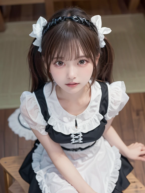 Tabletop, highest quality, figure, Very detailed, In detail, High resolution, 8k wallpaper, Perfect dynamic composition, ((close:1.3, From above, View your viewers)), Beautiful fine details , (Wearing a cotton maid outfit, , Cute Ruffle Girl Dress, Maid's headband, The color base is white、black、green),Twin tails