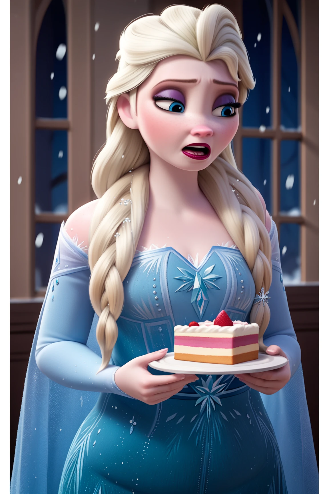 score_9, score_8_up, score_7_up, score_6_up, score_5_up, score_4_up, BREAK
1girl, elsa \(frozen\), Tall, prominent Neck,  gained some weight, and got plump, chubby belly, blonde hair, hair over shoulder, long hair, blue eyes, furrowed brow, 
makeup, blue dress, half closed eyes, Surfeit to eat, red lips,
Eating a cake, long nose, snowing, Arendelle  background  