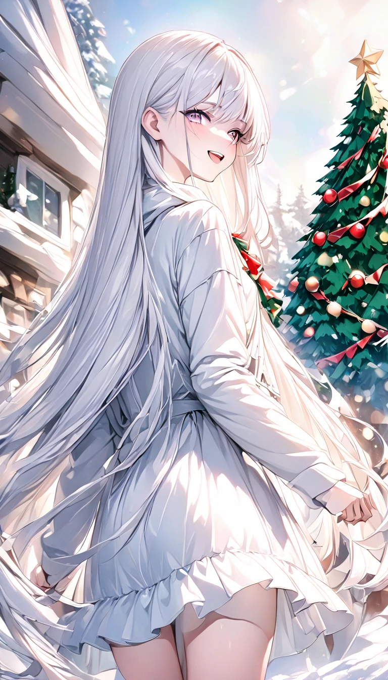 a girl, teenager, albino, smiling, looking back, absurdly long hair, cowboy shot, dynamic angle, at Christmas