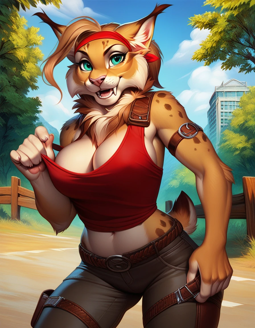 doubletroublexl, jade (kabscorner), 1girl, lynx, source_furry, realism, cowboy shot, belt across breasts, white and red shirt, cleavage, big breasts,  solo, pulling on pants, open fly, female focus, happy, tan fur, red headband, short blond hair with fringe, white and red tank top, brown leather boob strap, thigh and arm straps, green outdoors background with trees and a wooden fence fence, clearing, road, building, detailed fur, score_9, score_8_up, score_7_up,