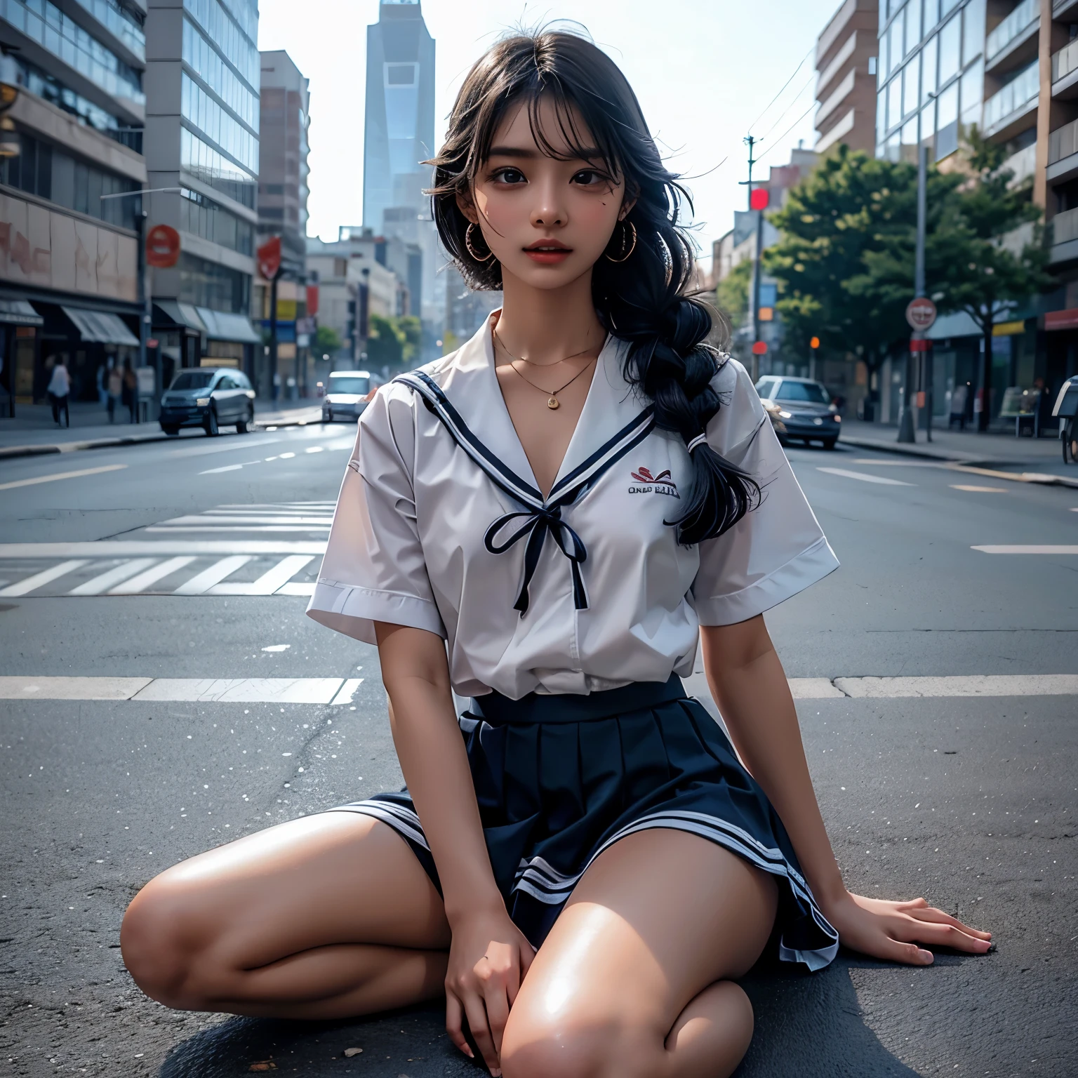  1 girl, high definition ,  High Quality ,  Masterpiece  , white sailor suit, red ribbon,  braided ,Super beautiful girl,dark skin, enchanting face 、 Highly Detailed Faces、 perfect face、golden balance,Professional photography,In the city, mini pleated skirt to hide crotch, is sitting on the ground
