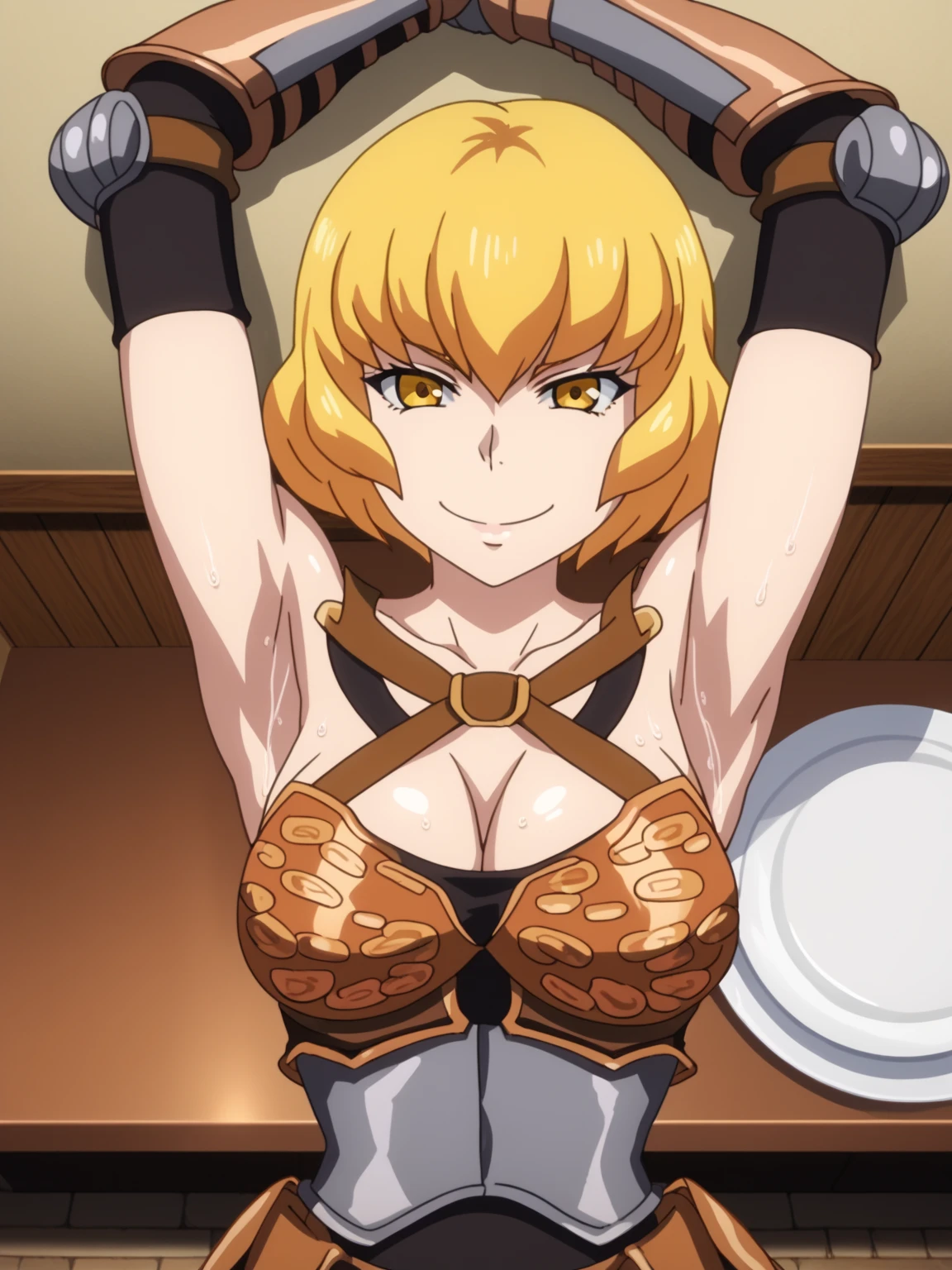 score_9, score_8_up, score_7_up, source_anime, anime screencap, 1girl, solo, clementine, yellow_eyes, blonde_hair, short_hair, large_breasts, armor, breastplate, gauntlets, armored_dress, sleeveless, arms up, raised arms, armpits, looking at viewer, smile, closed mouth, indoors, from above, badhandv4, sweaty armpits