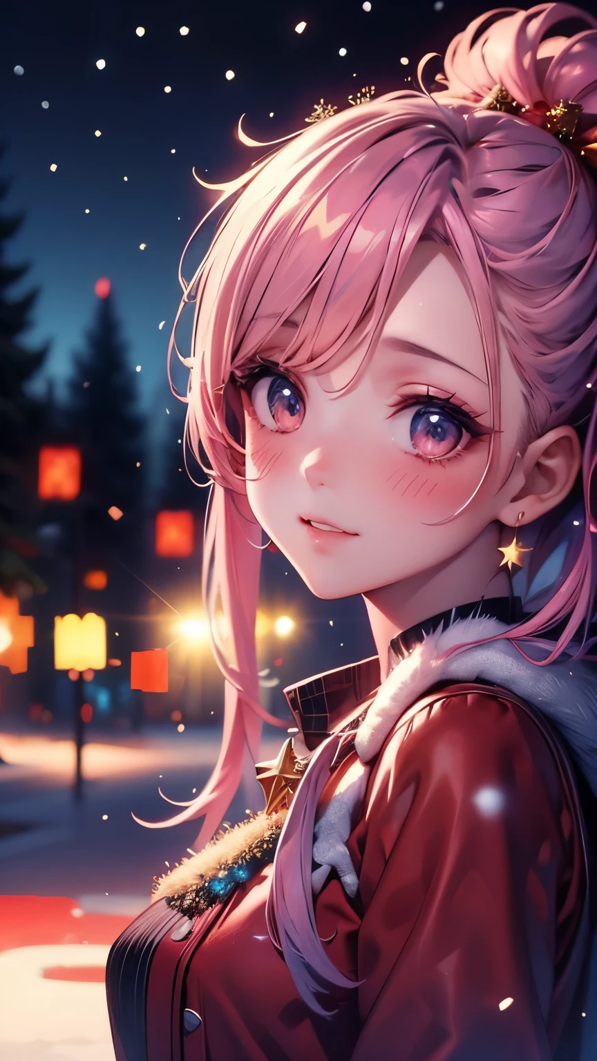 1 girl, high definition , Receives Many Awards , very detailed , blush, eyes sparkle, long eyelashes, and get out of the screen, closeup , Hair ties, star hair accessories , glitter effect , Blur, lens flare, 8k octane , Artistic, super detailed, gentle colors, soft light , snow,night, illuminations, Christmas, private clothes,Winter clothing,マフラーを巻く,