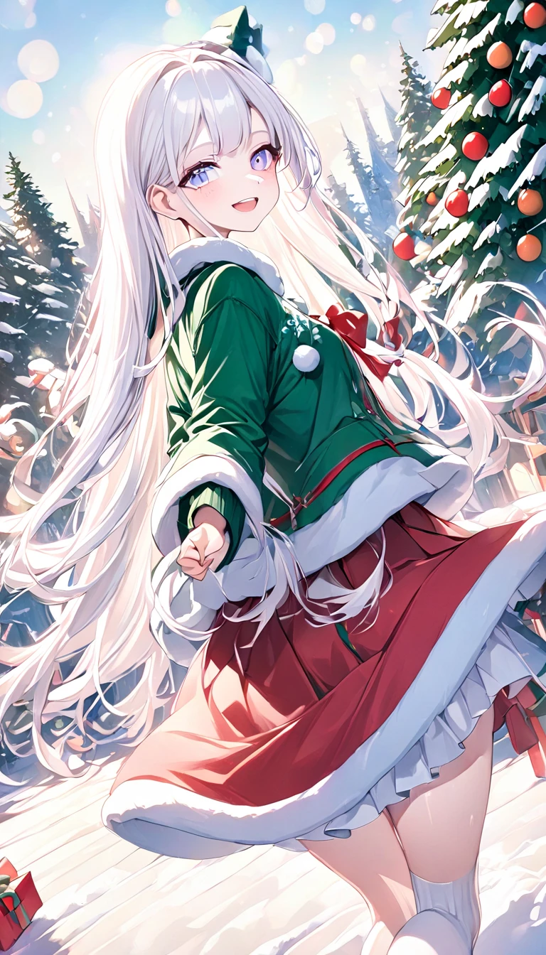 a girl, teenager, albino, smiling, looking back, absurdly long hair, cowboy shot, dynamic angle, at Christmas