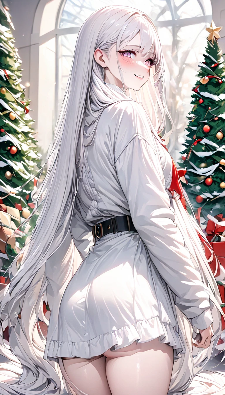 a girl, teenager, albino, smiling, looking back, absurdly long hair, cowboy shot, dynamic angle, at Christmas, BREAK , masterpiece, accurate, anatomically correct, textured skin, super detail, award winning, 8k