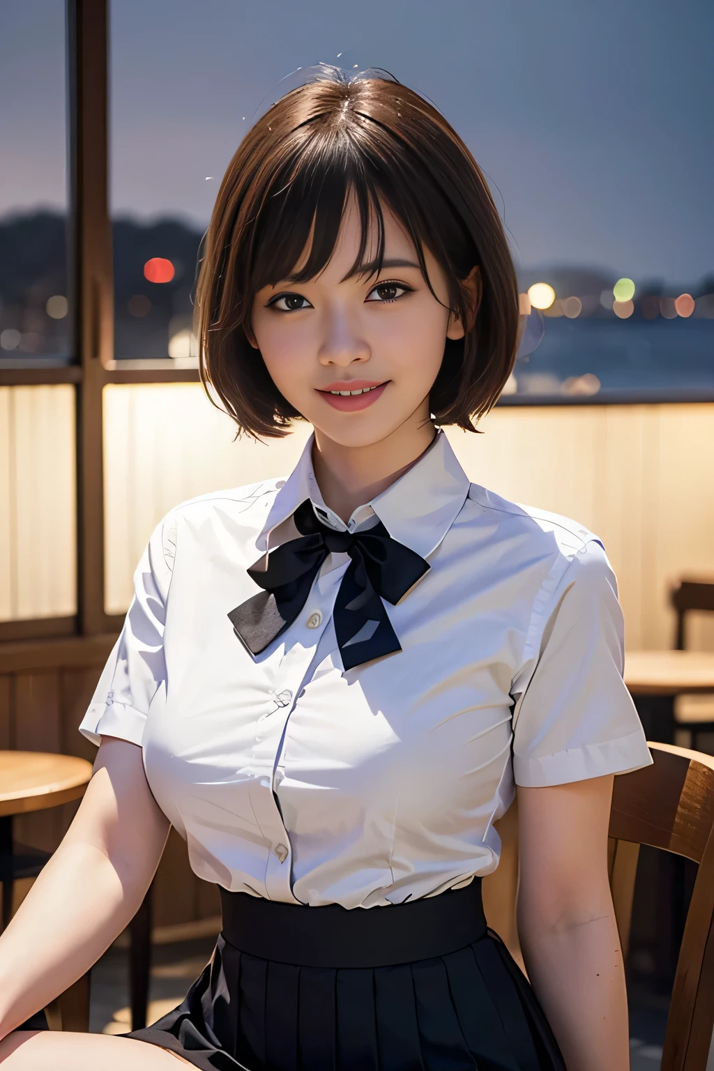 8k, RAW Photos, Highest quality, Tabletop: 1.2), (Realistic, Photorealistic: 1.37), Very detailed, 1 high school girl, Super Beauty(Like the real thing), alone, Beautiful detailed sky, Detailed Coffee, night, Sitting in the store, (Big smile: 1.1), Long brown hair Medium chest, Beautiful detailed eyes, (Collared shirt: 1.1), A bow tie, Pleated skirt, (short hair: 1.2), Long Hair, Beautiful expression Ultra-high resolution,Ultra-Realistic Skin,masterpiece,Highest qualityのPhotorealisticなRAW Photos。Bright colors,Rich colors, Backlight, Cinema Lighting, Film Grain, 50mm lens, Nikon D850,Beautiful expression,Fantasy art,Character Art,View your viewers,Top view,,Accentuate your cleavage,See-through,