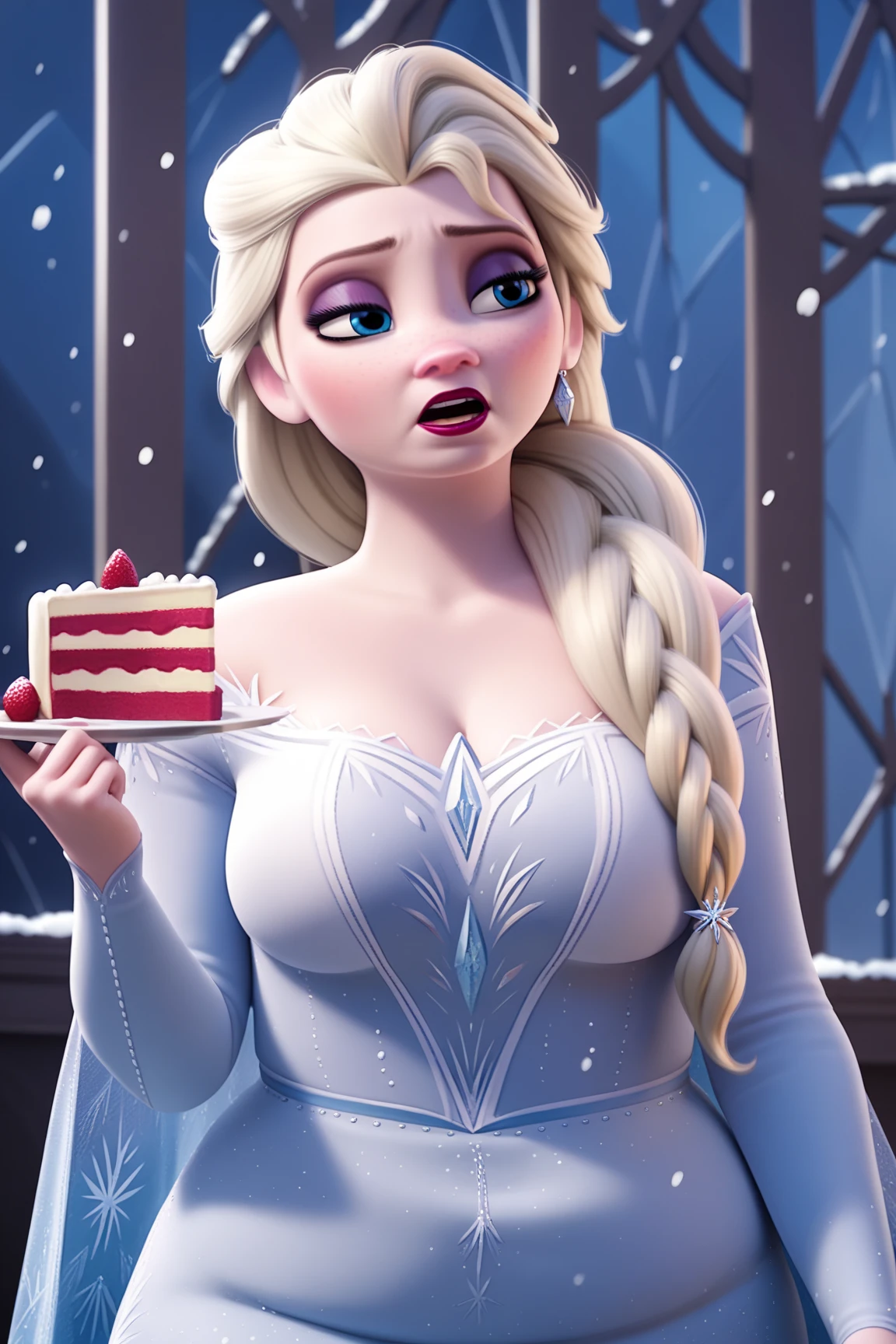 score_9, score_8_up, score_7_up, score_6_up, score_5_up, score_4_up, BREAK
1girl, Tall elsa \(frozen\), Tall, Prominent Neck,  gained some weight, chubby belly, blonde hair, hair over shoulder, long hair, blue eyes, long nose,
makeup, blue dress, half closed eyes, Surfeit to eat, red lips,
Eating a cake, long nose, snowing, Arendelle  background  