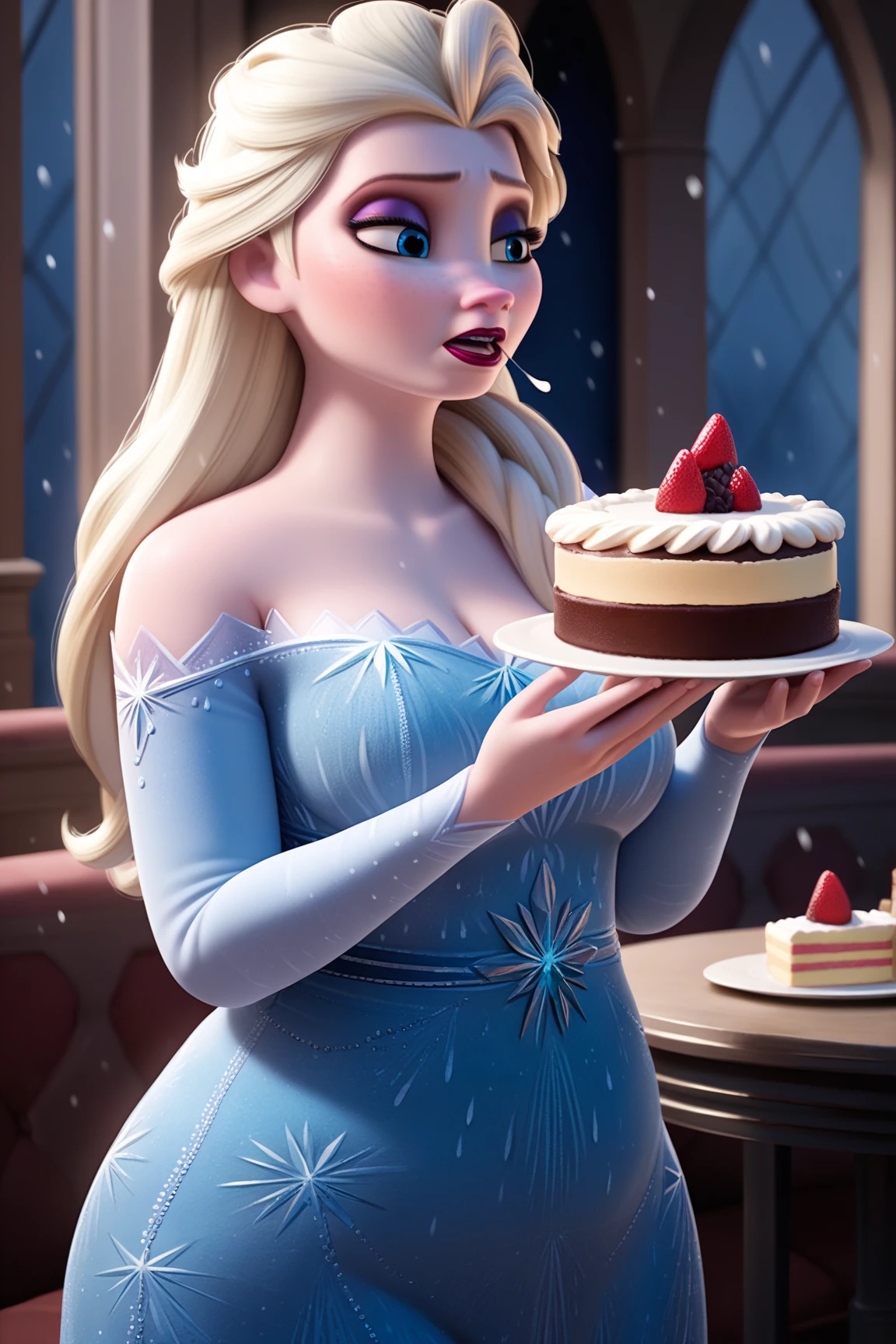 score_9, score_8_up, score_7_up, score_6_up, score_5_up, score_4_up, BREAK
1girl, Tall elsa \(frozen\), Tall, Prominent Neck,  gained some weight, chubby belly, blonde hair, hair over shoulder, long hair, blue eyes, long nose,
makeup, blue dress, half closed eyes, Surfeit to eat, red lips,
Eating a cake, long nose, snowing, Arendelle  background  