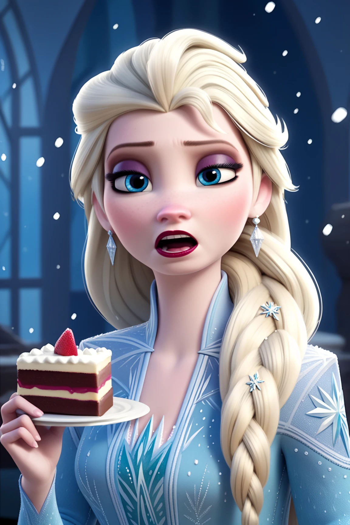 score_9, score_8_up, score_7_up, score_6_up, score_5_up, score_4_up, BREAK
1girl, Tall elsa \(frozen\), Tall, Prominent Neck,  gained some weight, chubby belly, blonde hair, hair over shoulder, long hair, blue eyes, long nose,
makeup, blue dress, half closed eyes, Surfeit to eat, red lips,
Eating a cake, long nose, snowing, Arendelle  background  