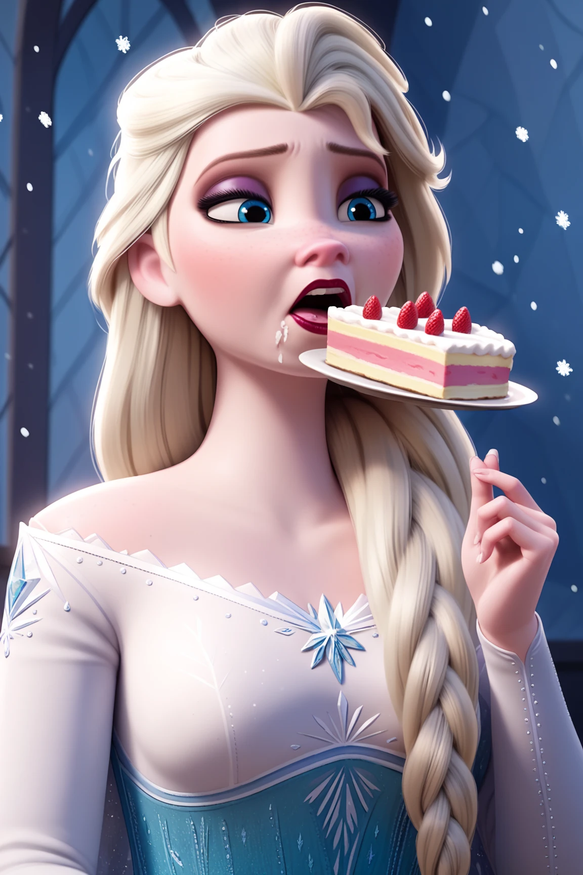 score_9, score_8_up, score_7_up, score_6_up, score_5_up, score_4_up, BREAK
1girl, Tall elsa \(frozen\), Tall, Prominent Neck,  gained some weight, chubby belly, blonde hair, hair over shoulder, long hair, blue eyes, long nose,
makeup, blue dress, half closed eyes, Surfeit to eat, red lips,
Eating a cake, long nose, snowing, Arendelle  background  