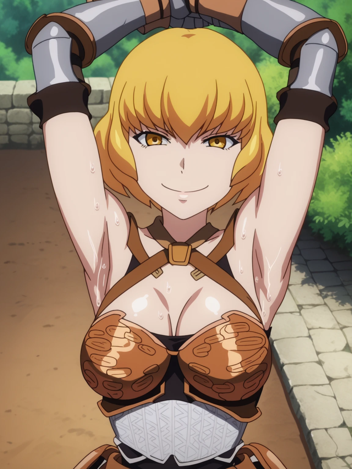 score_9, score_8_up, score_7_up, source_anime, anime screencap, 1girl, solo, clementine, yellow_eyes, blonde_hair, short_hair, large_breasts, armor, breastplate, gauntlets, armored_dress, sleeveless, arms up, raised arms, armpits, looking at viewer, smile, closed mouth, outdoors, forest, from above, badhandv4, sweaty armpits