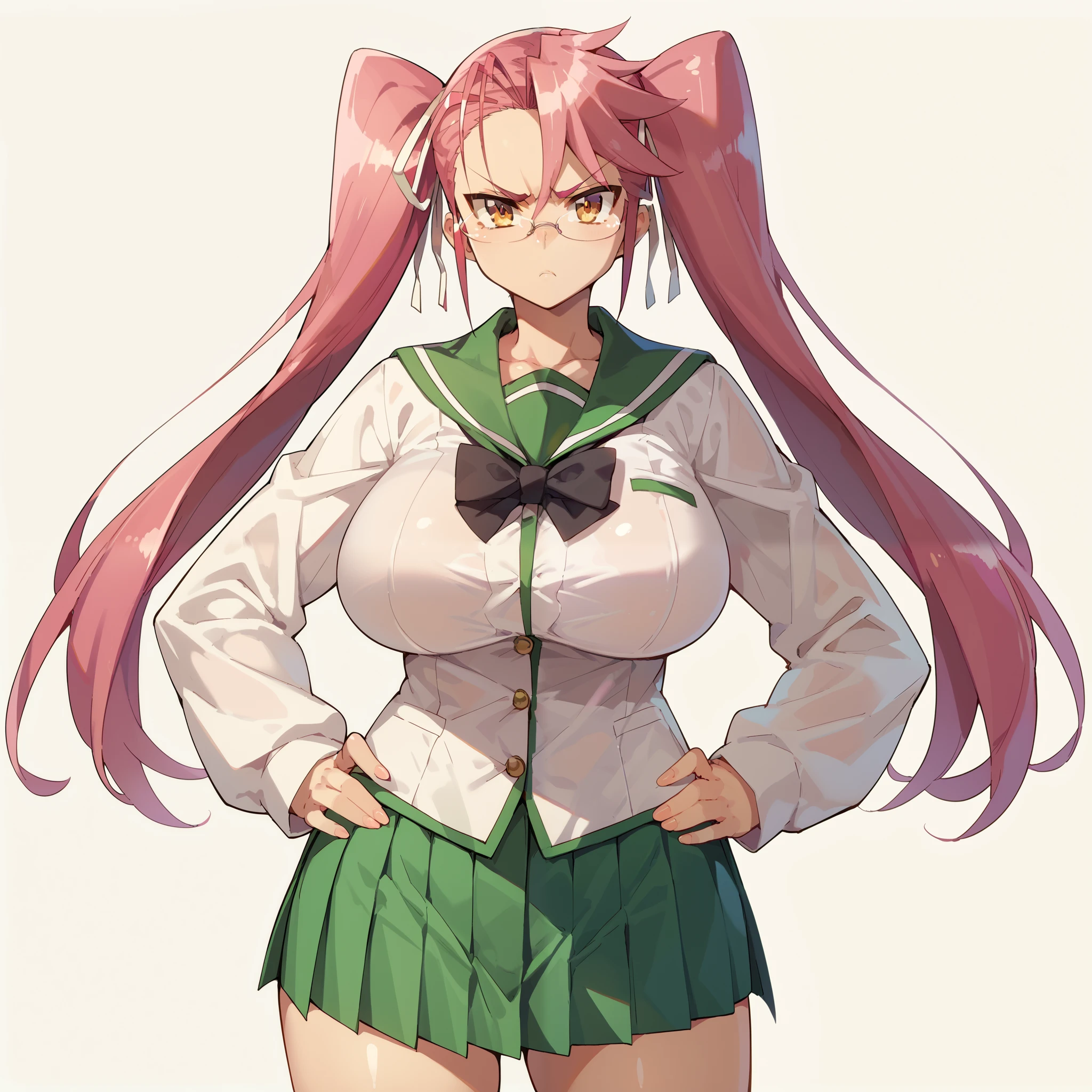 saya takagi, solo, pink hair, brown eyes, long hair, twintails, huge breasts, wide hips, thick thighs, glasses, hair ribbon, school uniform, serafuku, green skirt, pleated skirt, black bowtie, long sleeves, serious, hands on hips, standing, looking at viewer, simple background, from the front view