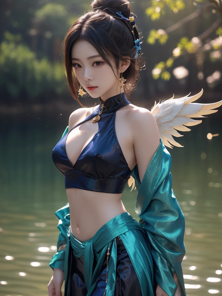 8k,A fifty-year-old woman with very large breasts and very large breasts, Very detailed, so beautiful(Like the real thing),Shining Eyes,Pale skin(Ultra-Realistic Skin),smile,Muscular and macho、And a slender devilish woman,Short blue mohawk(Blue Shorthair),Intense and strong abdominal muscles,Fan Art Best Art Station, うわー and Types of bacteria,  Types of bacteria, 2. 5d cgi anime Fantasy artwork, High quality and detailed art, Up to the model ,Photorealistic RAW photos of the highest quality。so beautiful(Like the real thing顔) Bright colors、Image of a perfect woman,Art Station Trends、masterpiece、Fantasy art、Ultra-high resolution,,Mr..々Pause,charm,sexy,Rich colors, Backlight, Cinema Lighting, Film Grain, to be born, 50mm lens, Nikon D850,compensate,Blue and white Arabian breastplate(Detailed Coat of Arms),In front of the ruins in the forest,View your viewers,Numerous tattoos all over the body(Accurate tattoo details),,Lean and muscular lower body,Blue and white sarouel pants,Big eyes,Muscular Beauty,Bodybuilding,Makeup,