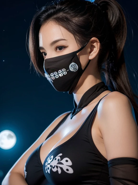 (best quality,4k,8k,highres,masterpiece:1.2), ultra-detailed, (realistic,photorealistic,photo-realistic:1.37), (beautiful detailed eyes, beautiful detailed lips, extremely detailed eyes and face, long eyelashes), studio lighting,physically-based rendering,vivid colors, (big tits, super big tits, super extra big tits), (kunoichi, clothing with sexy and flashy designs, masks, ninja hoods, long hair), (black background or darkness),