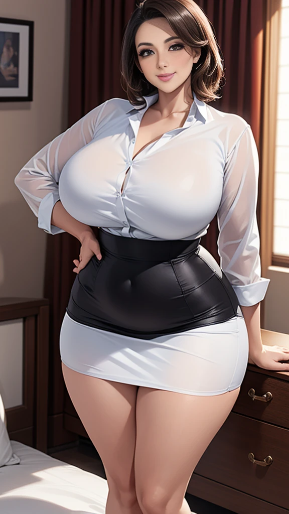 A curvaceous, cute and skinny super large biggest thick ass realist secretary with legs apart, dressed in a sexy tight-fitting suspender belt that hugs her voluptuous large and thick hips and round huge thick ass . perky breasts, . pantyhose, big and thick and ass, large and thick hips. 
