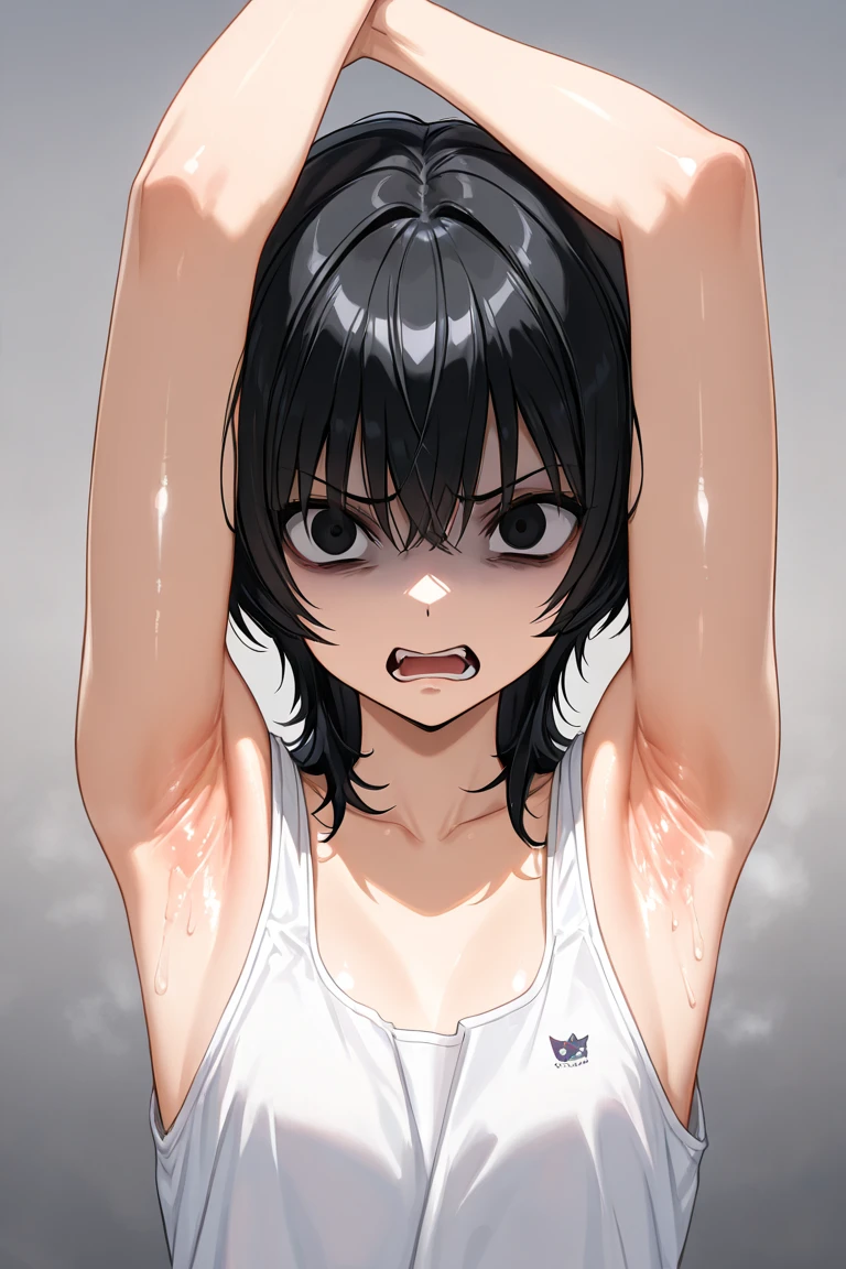 masterpiece, best quality,anime style, 1 girl,(((slender body))), (((small breast))),(((gym uniform))),(((3 monkey grabbing the gir))),((((cum)))), (beautiful face), (((short hair))), (((straight hair))), ((((black hair)))),detailed beautiful skin, (perfect hands, perfect anatomy)