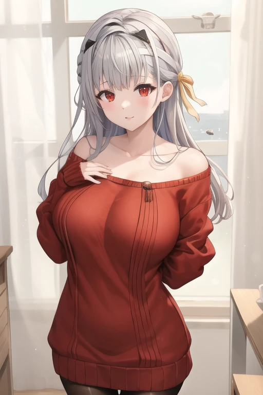 Modernia Diff,red eyes, Silver Hair, Big Breasts , sweater dress, pantyhose