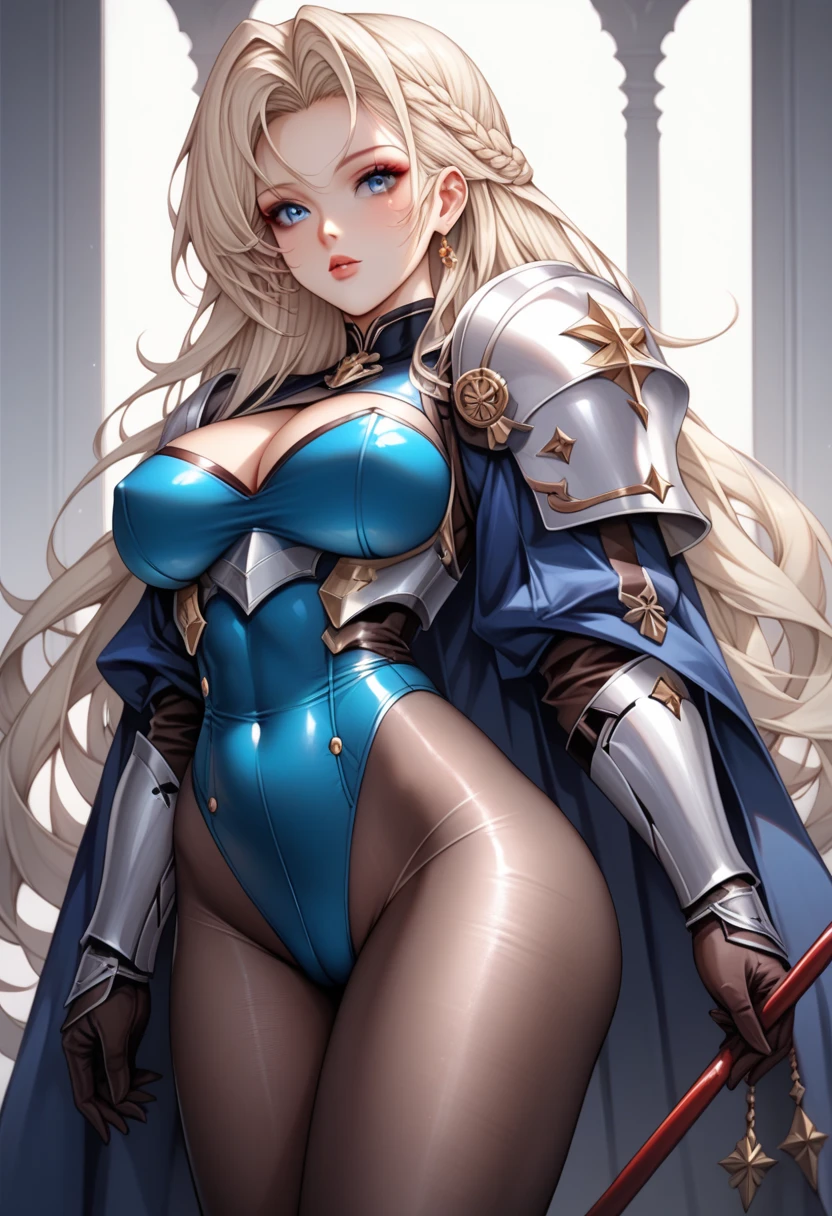 ((highest quality)), ((masterpiece)), (solo), 1girl, ((curvy)), ((Tight and digging into the skin: 1.2)), perfect face, cute anime face, ((Azur Lane)), ((armored dress)), ((white paladin armor)), ((skin-tight pantyhose blue leotard: 1.4)), ((white knight armor breastplate)), ((skin-tight black Investigator Bodystocking)), ((large pauldron)), (white long gauntlet gloves), ((light platinum blonde hair long straight hair)), ((Big chest that looks like it's going to burst under pressure)), (black pantyhose thighs), ((Knee-high boots on the tight skin that digs into it)), (high heel boots), ((see through cleavage cutout)), Coat of arms leotard, zettai ryouiki, Perfect and beautiful dark blue eyes, Perfect hands, perfect fingers, luxurious goldsmith one hand spear, holding a spear, prepare a spear, makeup, cowboy shot, spear stuck in the ground