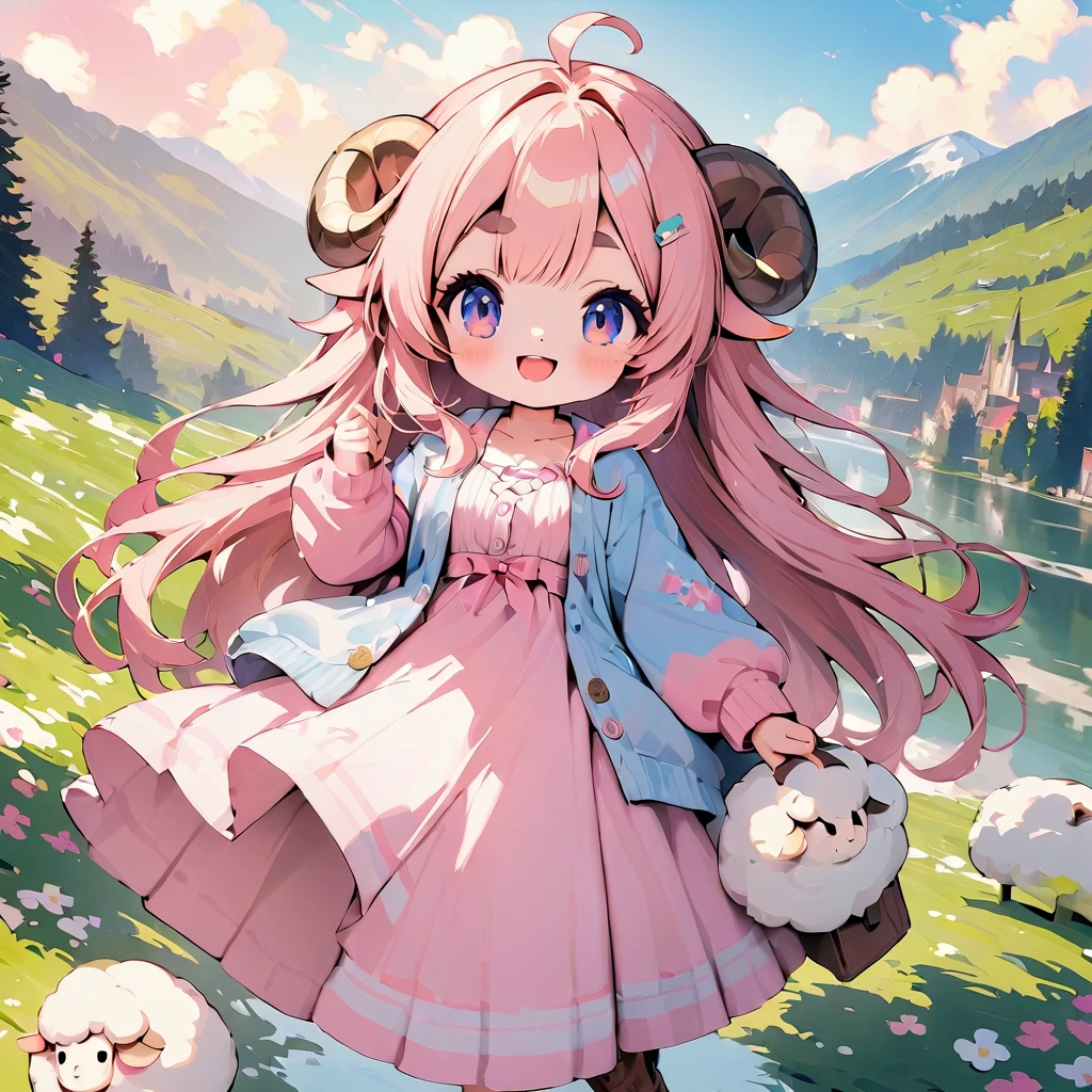 score_9, score_8_up, score_7_up, source_anime, (masterpiece:1.3, best quality:1.3, 8k,  highres icon:1.3, good anatomy), 1girl, white beard :1.5, white beard, Santa's Beard :1.5,  pink fluffy long hair\ Fluffy Long Hair, Sheep&#39;s round horns, Thick eyebrows, smile,  Pink Dress ,  sky blue cardigan ,  brown boots ,  cute BREAK Alphonse Mucha background:1.5