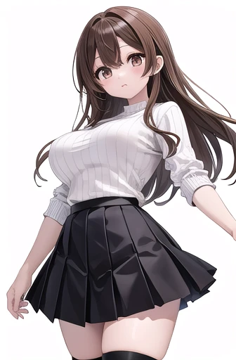 Emirichu ,  Brown Eyes ,  brown hair ,  long hair,   stripe ,  shirt,   stripe   shirt,   stripe  sweater,   black skirt  ,  pleated skirt,  black thigh high socks,,  super detailed,   Masterpiece  ,  top quality,, big breasts、