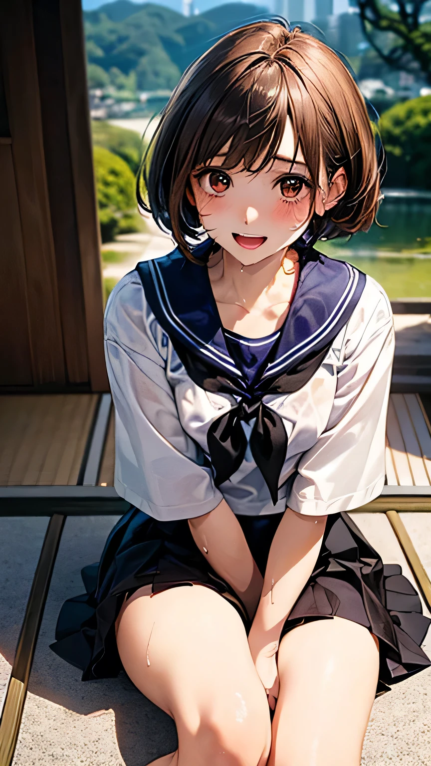 (masterpiece:1.2, top-quality), (realistic, photorealistic:1.4), beautiful illustration, (natural side lighting, movie lighting), nsfw, 
looking at viewer, cowboy shot, front view:0.6, 1 girl, japanese, high school girl, perfect face, cute and symmetrical face, shiny skin, 
(short hair:1.5, pixie cut:1.4, blond hair), bangs pinned back, red eyes, long eye lasher, (large breasts:0.6), 
beautiful hair, beautiful face, beautiful detailed eyes, beautiful clavicle, beautiful body, beautiful chest, beautiful thigh, beautiful legs, beautiful fingers, 
((detailed cloth texture, short sleeves cute sailor suit, pleated skirt, sailor collar, sailor scarf, socks, brown loafers)), 
(beautiful scenery), evening, riverside, squatting, spread legs, (lovely smile, upper eyes), 