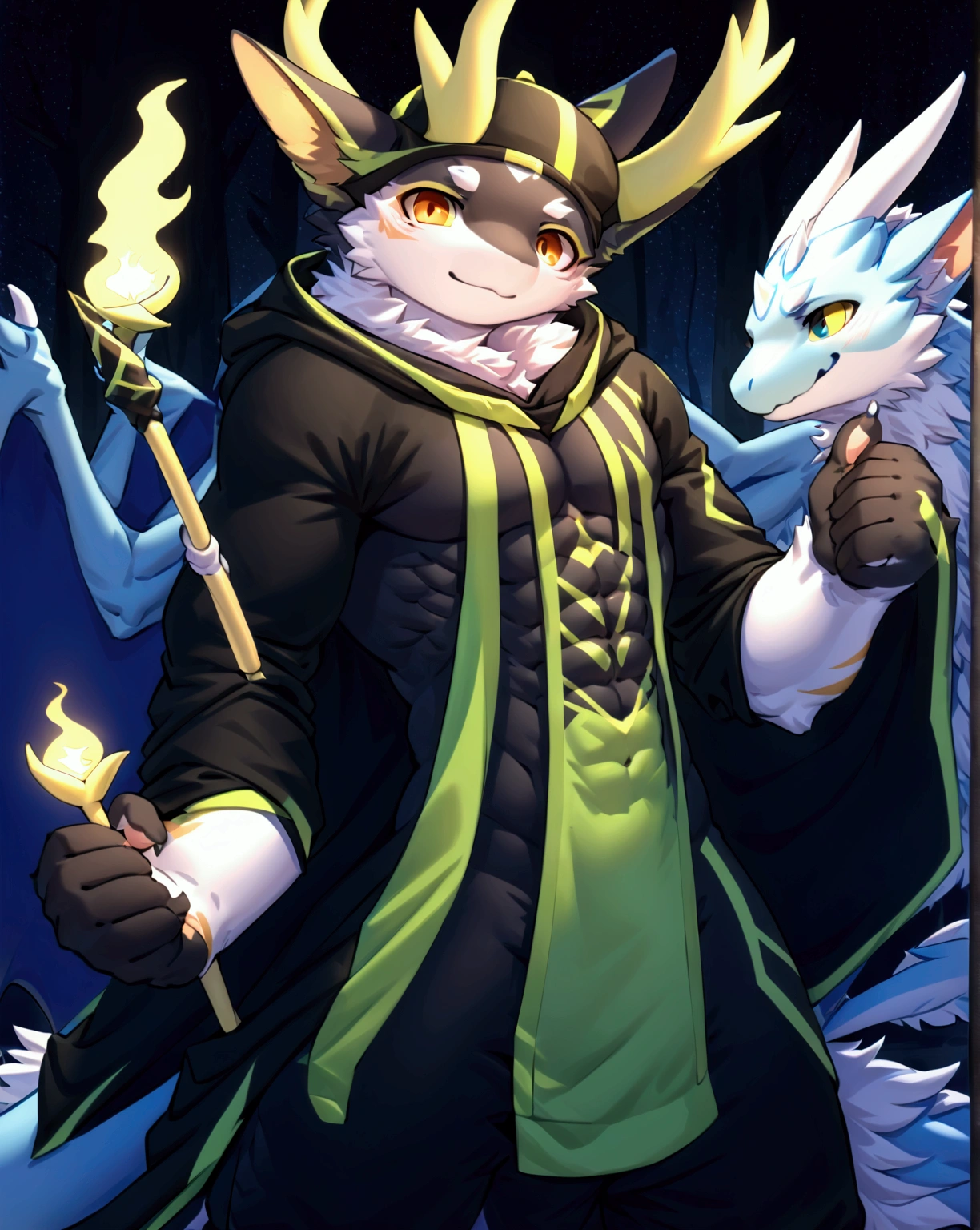 ((masterpiece)), (ultra detailed), (best quality), detailed background, (style of night dark forest travel Fantasy), absurdres(highly detailed beautiful face and eyes), perfect anatomy(by_huolongguo, angelic handsome human-like male furry dragon transflrmation scene, muscular body)(furry anthro), fantasy big and long cloak with hoodie hat, wearing hoodie hat, with short magic wand, sota, muscular body, embarrassed face, long fur on whole body, slightly enjoyed face, horny face