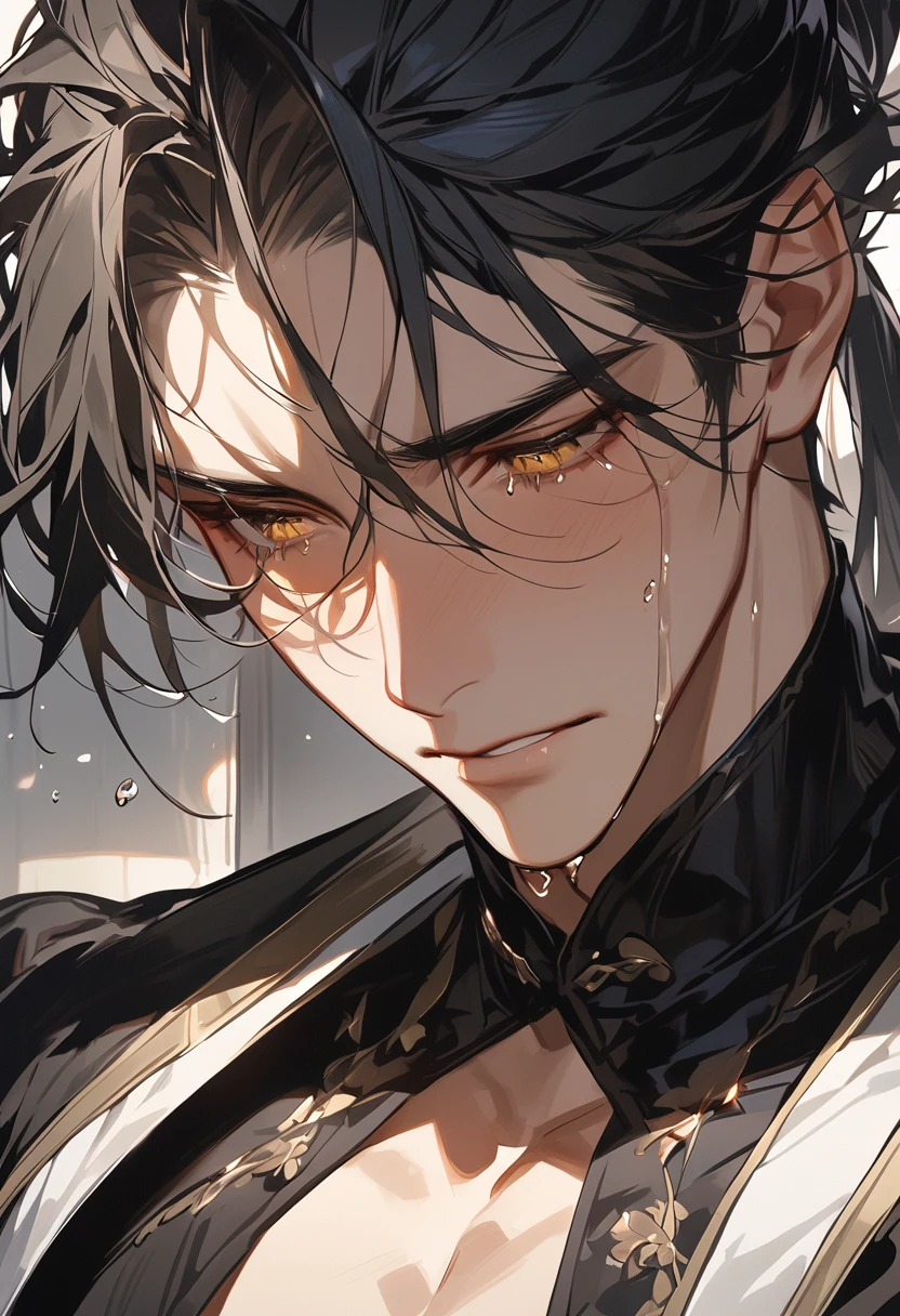 (Masterpiece, high resolution, best quality), solo, 1 male, 25-years old man, handsome, sexy, tanned skin, black hair, male ponytail, yellow eyes, male fantasy clothes, tears on eyes, half body