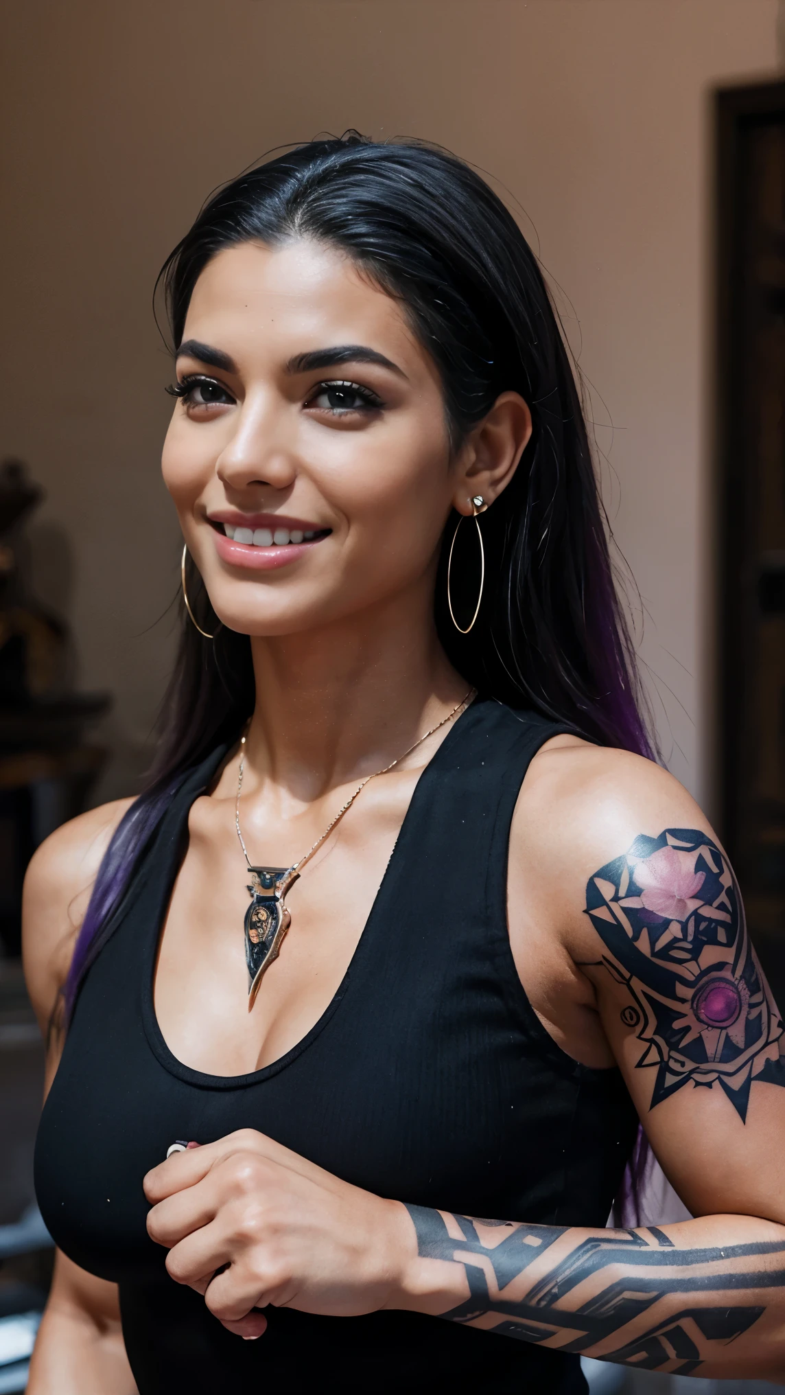 (masterpiece), best quality, hd, expressive eyes, perfect face, brown eyes, black hair, smiles, ruby necklace, linen, hair intakes, sleeveless bodysuit, bare shoulders, earrings, cowboy shot, black footwear, arm tattoos, black leggings, black leggings, black bodysuit, dark pink hair, high boots, circle earrings, long hair, cleavage bodysuit, muscle arm, muscular, Reyna valorant, sharp purple eyes, mexico, pov, solo, tattoo